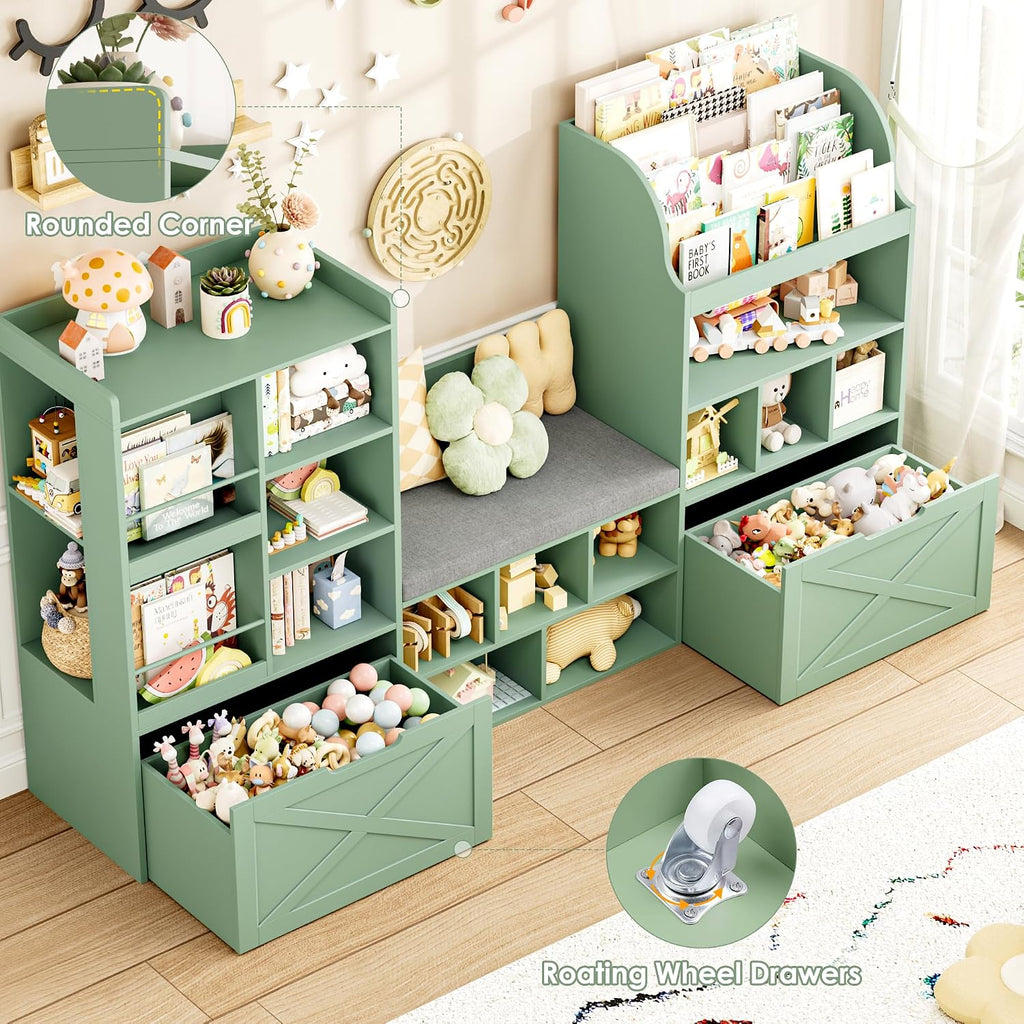 FINETONES 75' W Kids Bookshelf with Reading Nook, Large Toy Storage Toy Organizer with Seat Cushion and 2 Movable Drawers, Kids Reading Nook Kid Bench for Playroom Living Room, Green