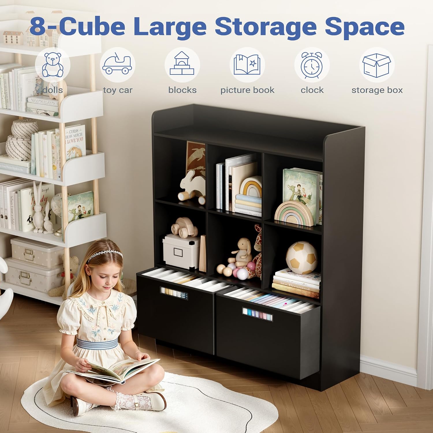 Housoul 8 Cube Kids Bookshelf with Fabric Drawers, 3-Tier Wooden Open Shelf Bookcase, Freestanding Book Shelves, Kids Bookcase Cubby Storage Organizer for Bedroom, Living Room, Office, Black