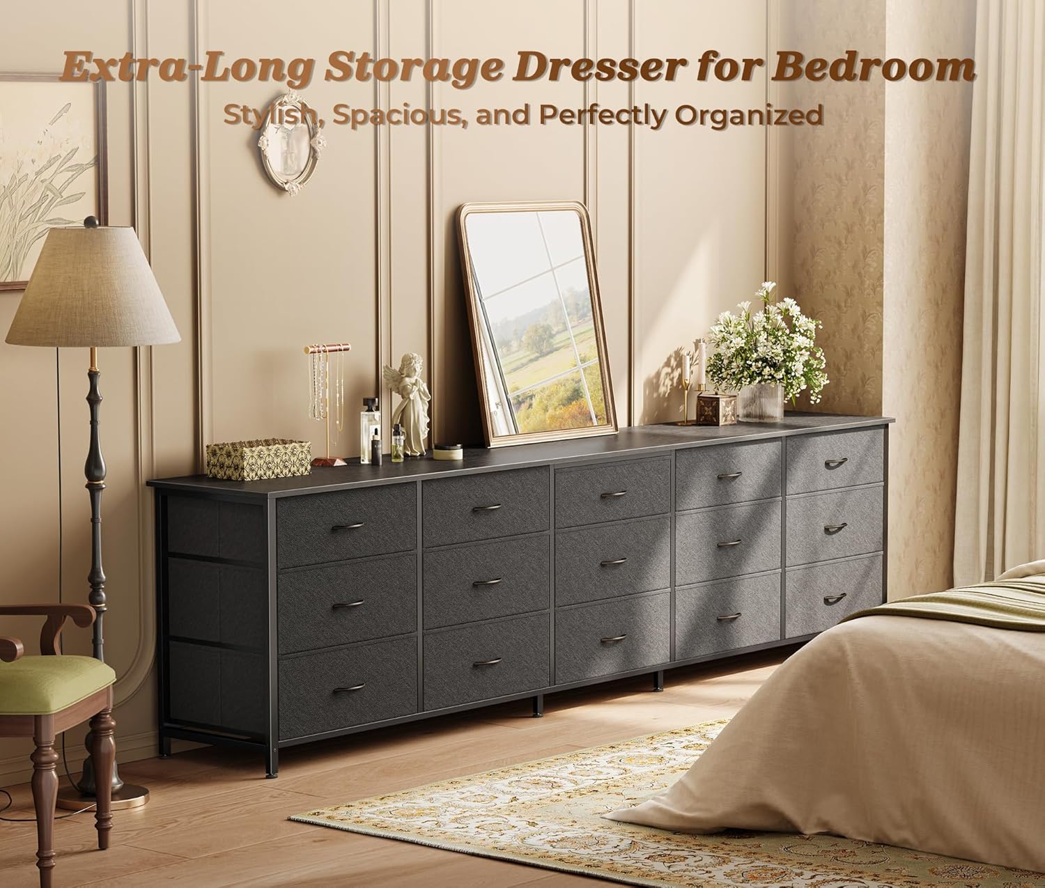 Huuger 78.7 inch Long Dresser for Bedroom, 15 Drawer Fabric Dresser for Closet, Large TV Stand for 65, 75, 85 inch TV, Wide Chest of Drawer with Storage, 78.7' W x 12.9' D x 26.7' H, Black