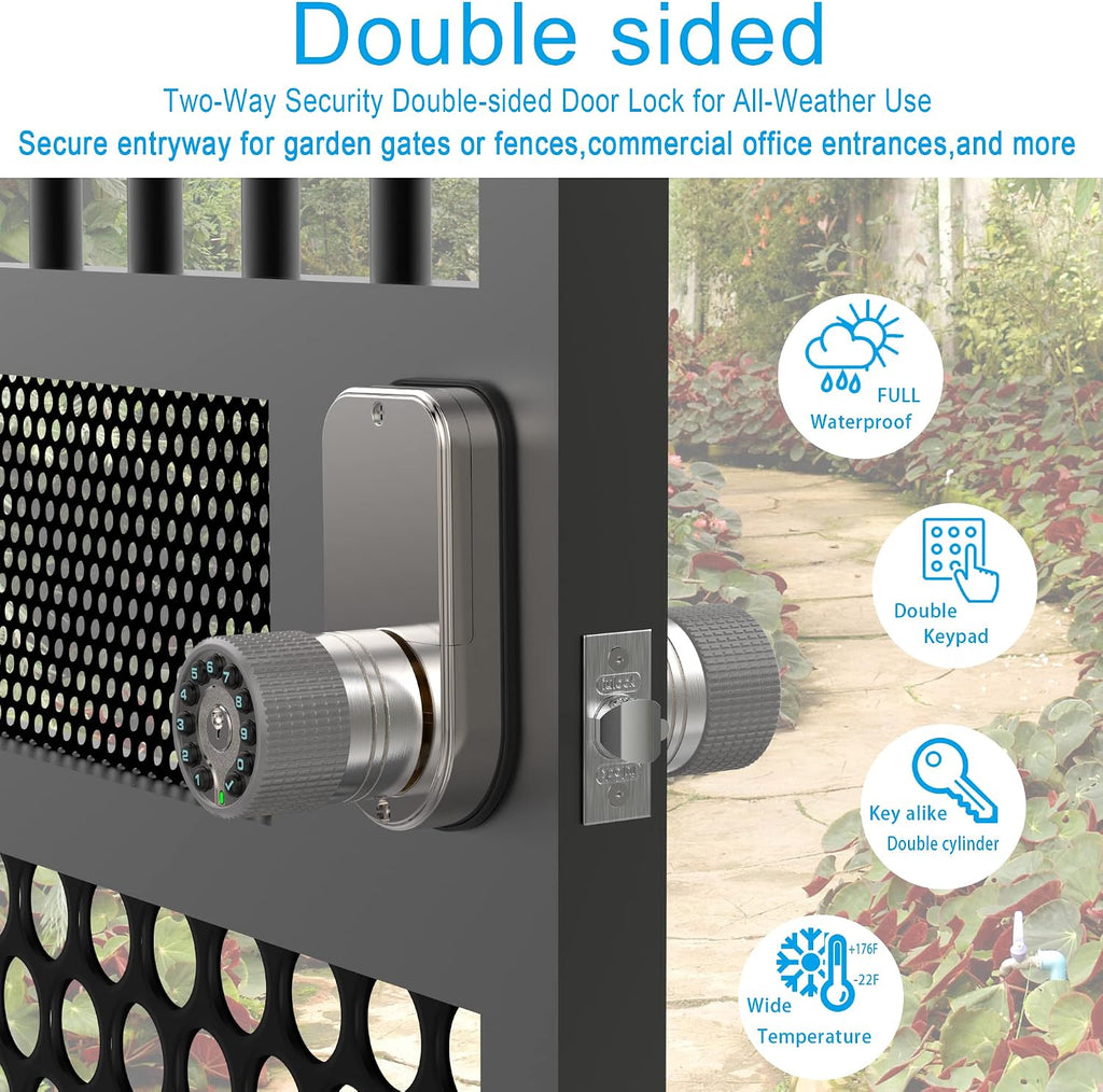Double Sided Keypad Door Knob with Dual Cylinders and Key Alike, iuknob Keyless Entry Smart Door Lock for Entrance, Fence, Gate, Swimming Pool,Waterproof and Weatherproof for Outdoor & Interior Door.