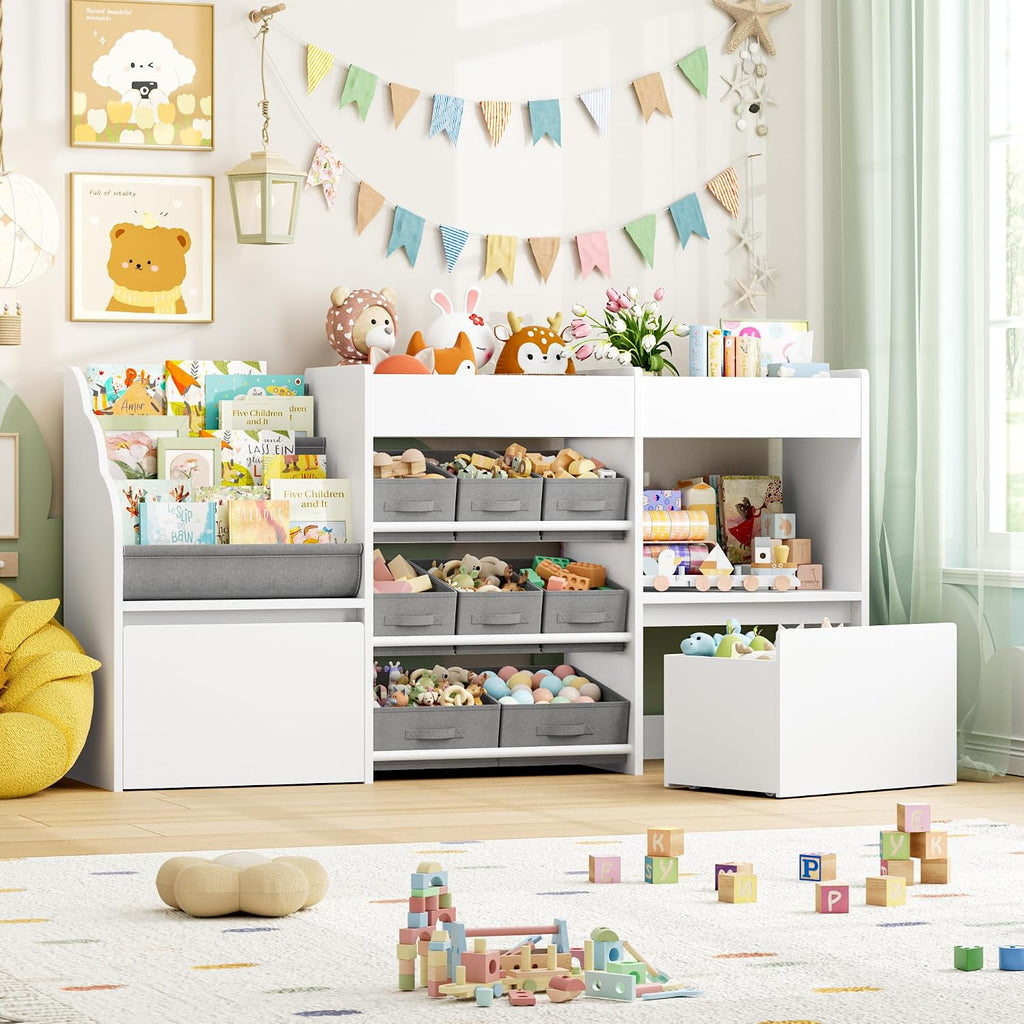 BOTLOG 62.2 inches Toy Storage Organizer and Kids Bookshelf, Toy Organizer with 2 Movable Drawers and 9 Box Bins, 4 Tier Toddler Bookshelf for Book Storage and Display