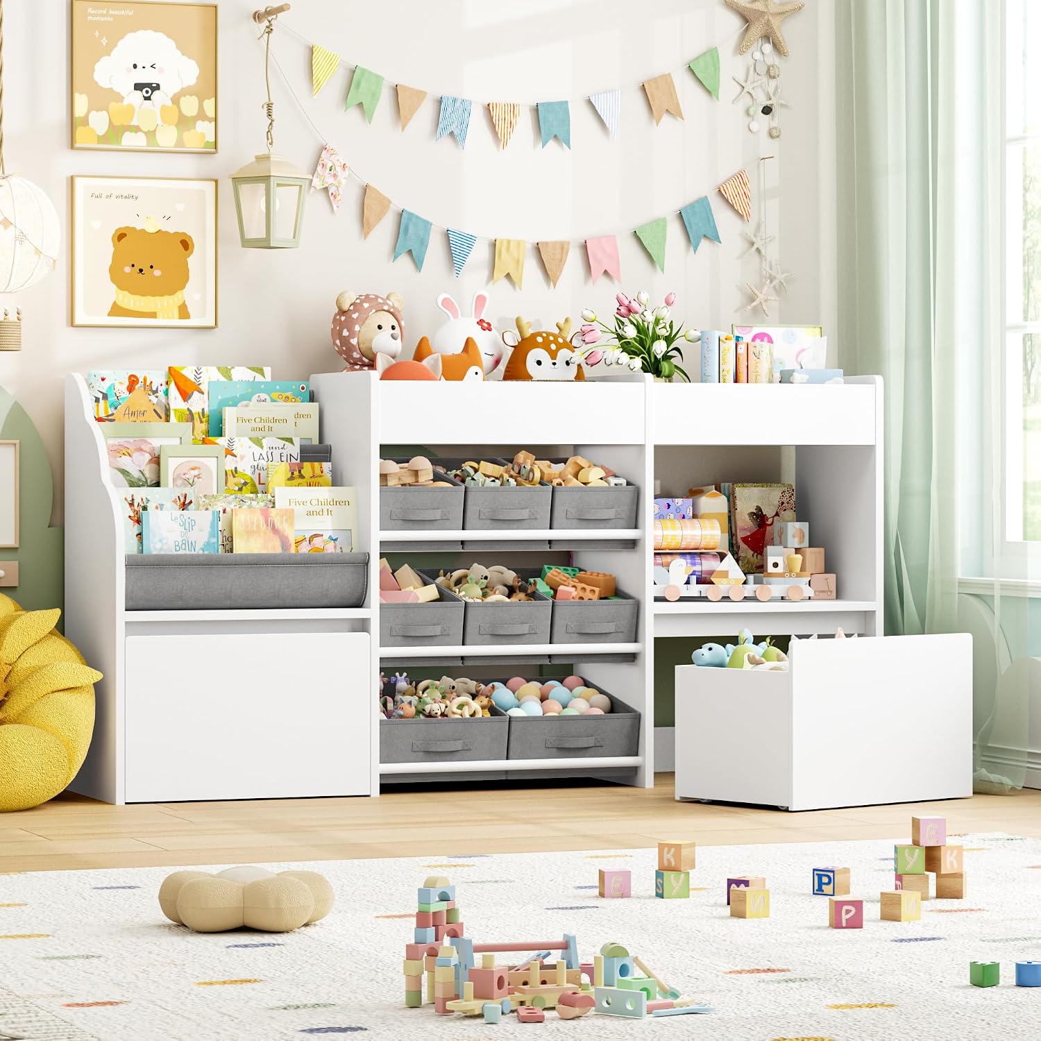 BOTLOG 62.2 inches Toy Storage Organizer and Kids Bookshelf, Toy Organizer with 2 Movable Drawers and 9 Box Bins, 4 Tier Toddler Bookshelf for Book Storage and Display
