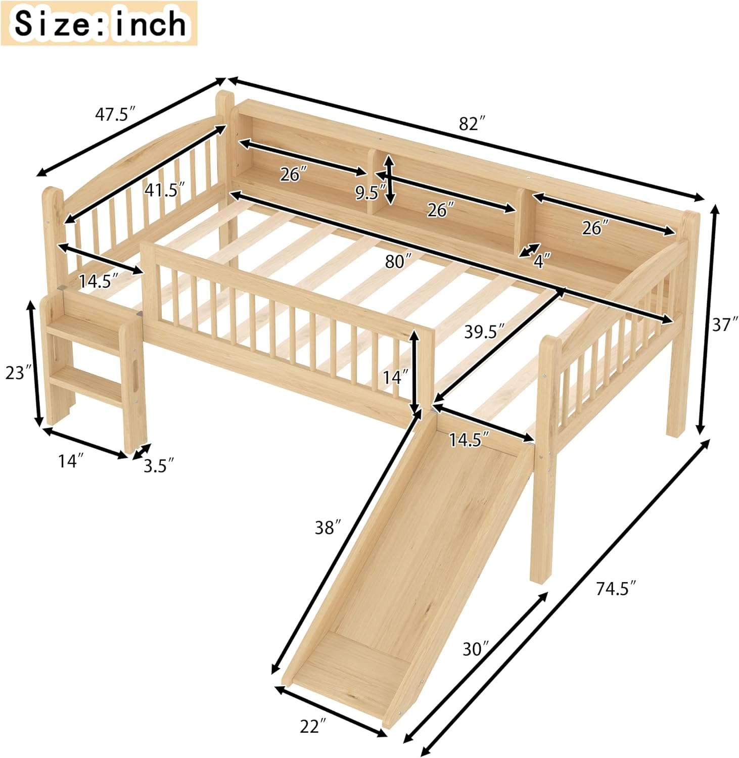 JIVOIT Twin XL Loft Bed with Storage Shelves, Solid Wood Lower Loft Bed with Full-Length Guardrails, Wood Slats Support, Space-Saving Design, No Box Spring Needed (Natural,Twin XL,51)