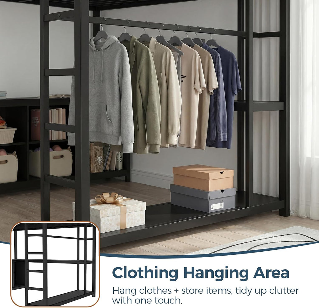 Full Size Loft Bed with Desk and Storage, Metal Loft Bed for Small Spaces,Full Loft Bed Frame for Bedroom,Black