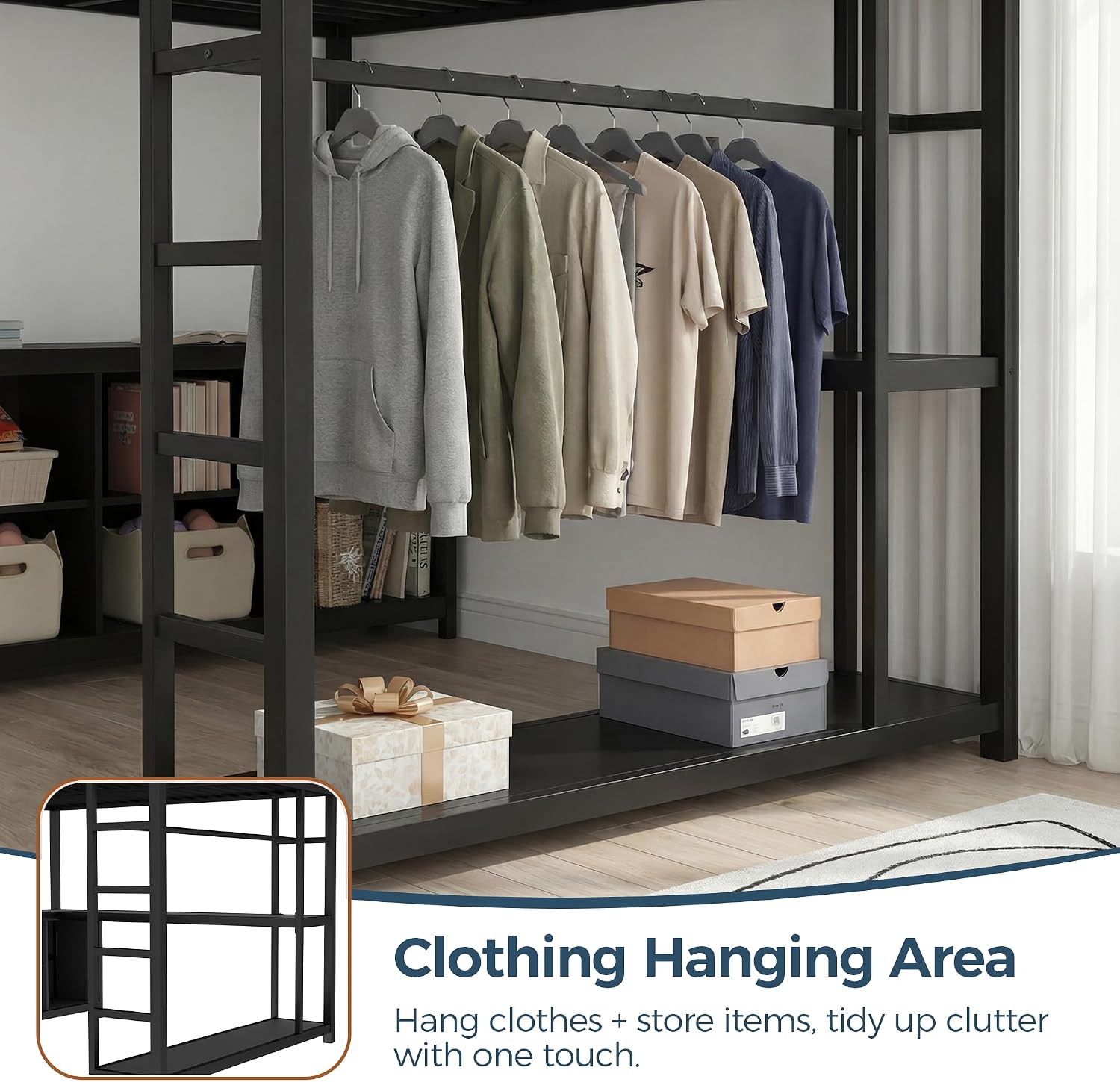 Full Size Loft Bed with Desk and Storage, Metal Loft Bed for Small Spaces,Full Loft Bed Frame for Bedroom,Black