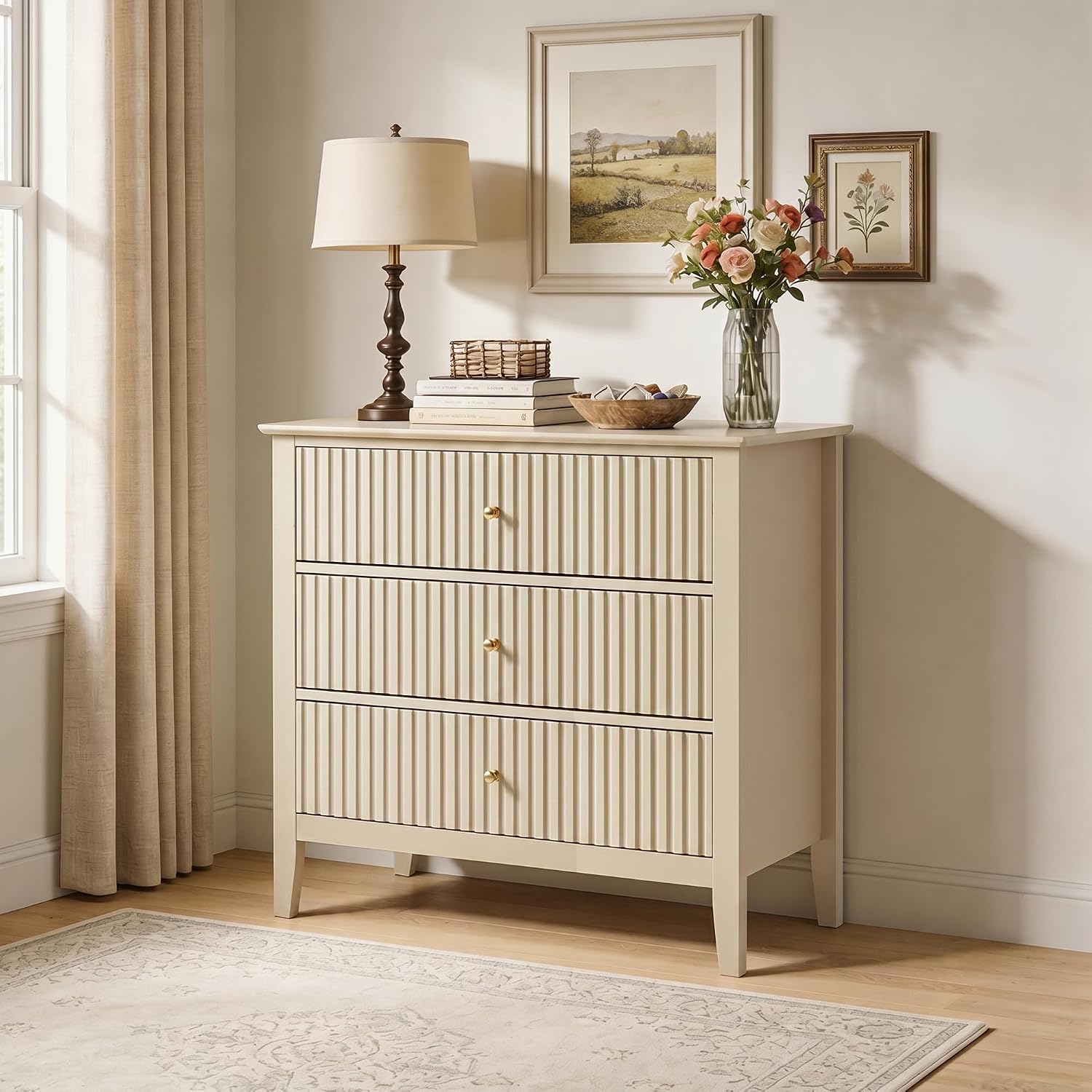 RoyalCraft Beige Fluted 3 Drawer Dresser, 32 inch Wide Dresser Nightstand for Bedroom, Modern Wood Chest of Drawers, Large Painted Nightstand with 3 Drawers for Closet, Hallway, Entryway
