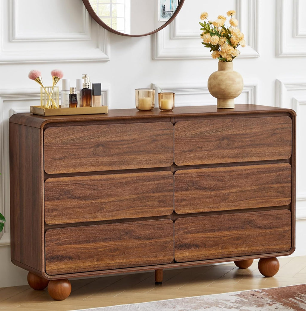 AVZEAR Modern 6 Drawer Dresser for Bedroom, 48' Wide Wooden Dresser Chest of Drawers, Handle Free & Curved Profile Design, Mid Century Closet Clothes Storage Organizer for Living Room, Walnut