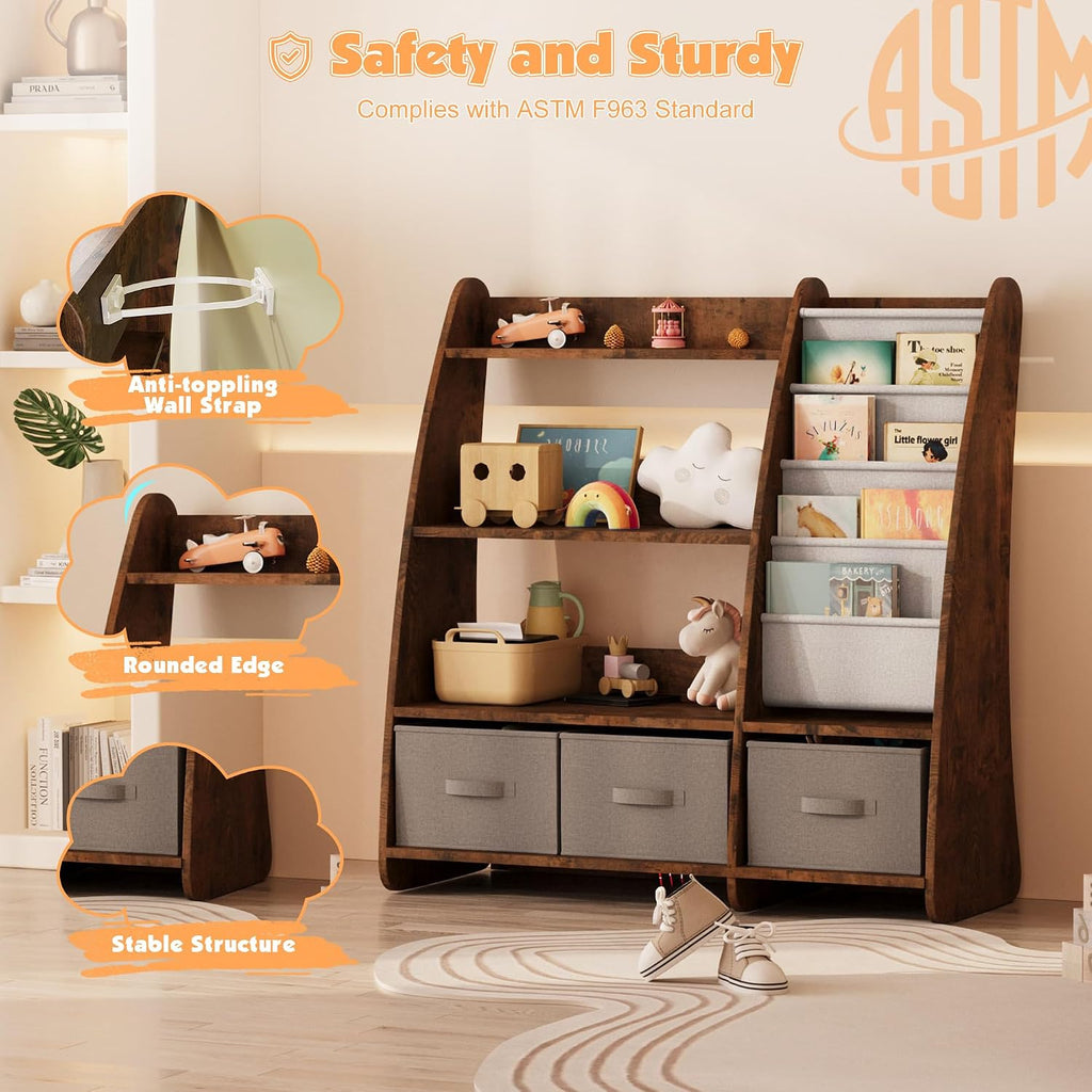 NACHES Kids Bookshelf and Toy Storage Organizer, Montessori Nursery Book Shelves with Sling Rack & Fabric Toy Bins, Toddler Baby Bookcase, Wooden Toy Shelf for Kids Room, Playroom, Sail-Rustic Brown