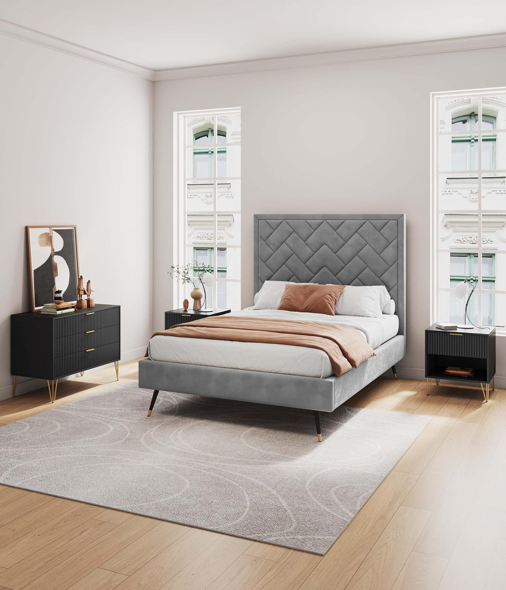 Manhattan Comfort Dumbo 2 Piece Modern Set, 3 Drawer Dresser & 1 Drawer Nightstand with Fluted Ribbed Front, Gold Metal Legs, No Tool Assembly, Storage Cabinet for Bedroom or Living Room in Black