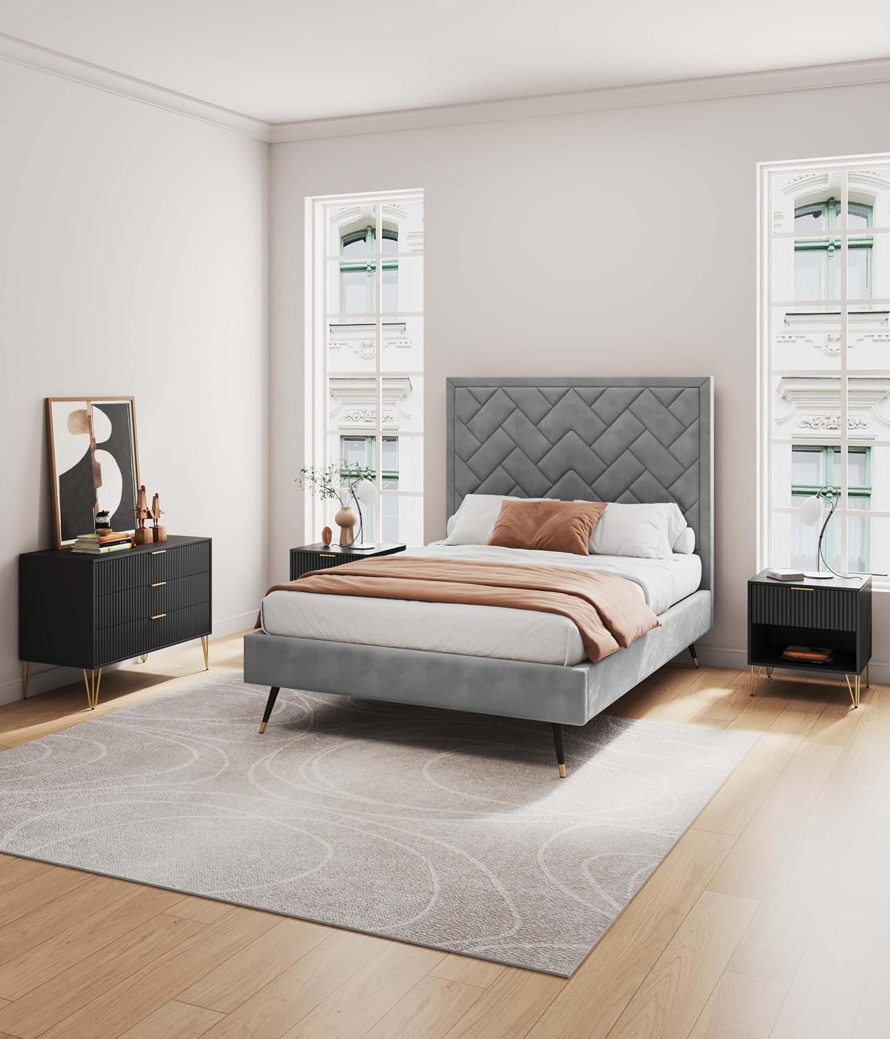 Manhattan Comfort Dumbo 2 Piece Modern Set, 3 Drawer Dresser & 1 Drawer Nightstand with Fluted Ribbed Front, Gold Metal Legs, No Tool Assembly, Storage Cabinet for Bedroom or Living Room in Black