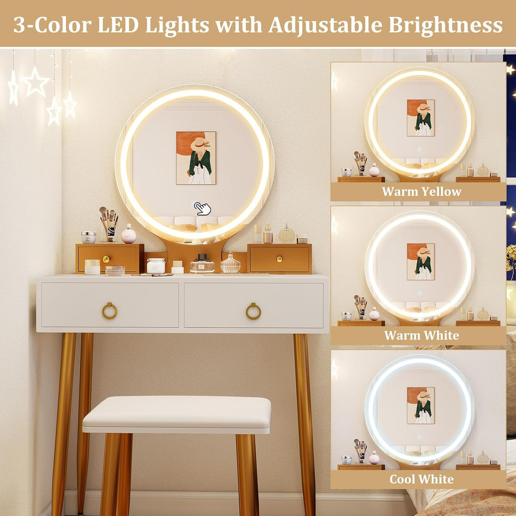 CHARMAID Vanity Desk with Mirror and Lights, Makeup Vanity with 4 Storage Drawers, 3 Lighting Modes, Adjustable Brightness, Modern Vanity Dressing Table with Stool for Bedroom, White & Gold