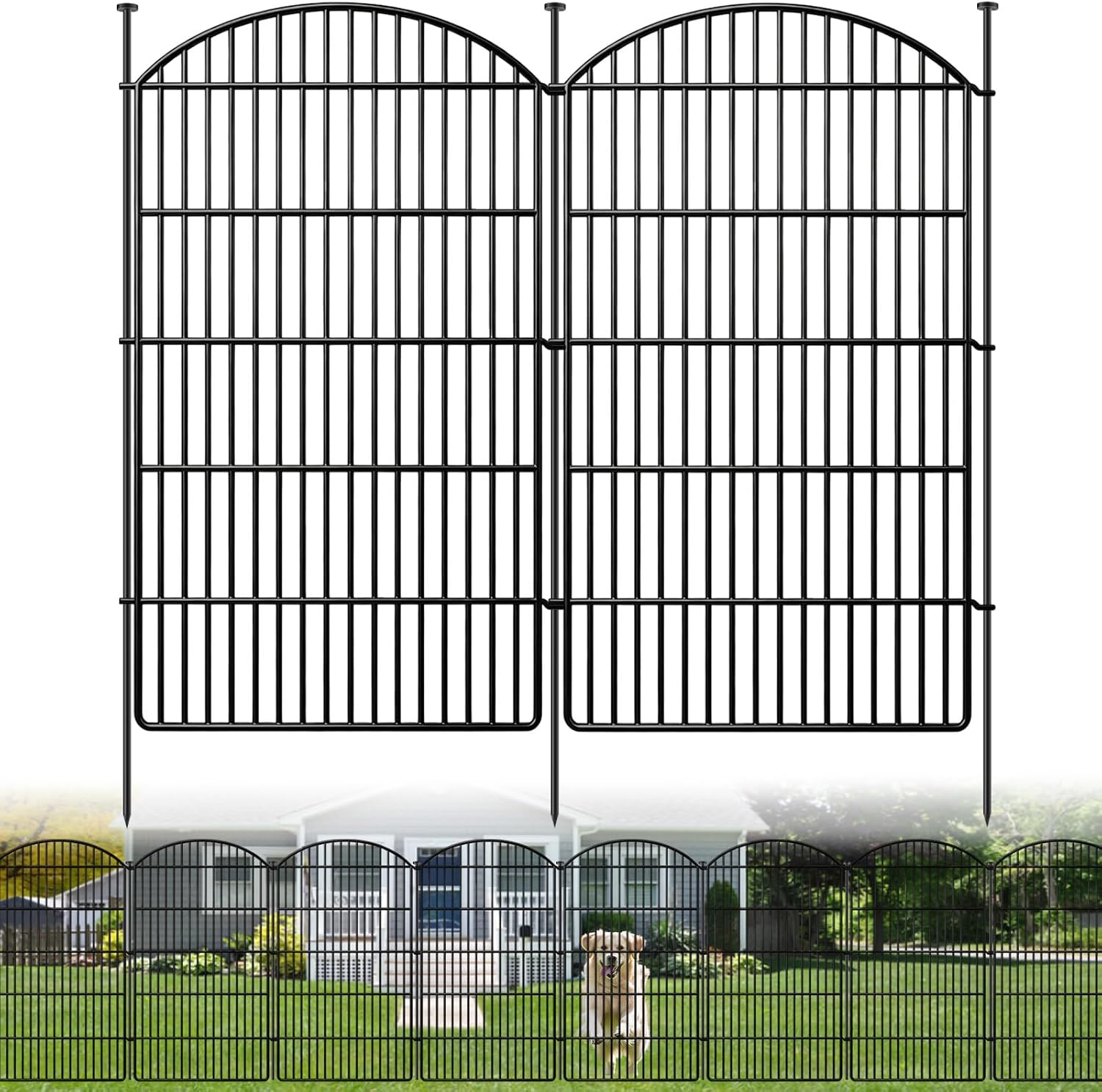 10 Panels Decorative Garden Metal Fence, 48in (H) x 24ft (L) No Dig Dog Fencing for Outdoor Yard, Rustproof Animal Ground Stakes Temporary Panel Border Barrier for Patio Flower Bed Camping