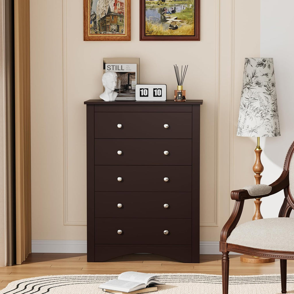 YESHOMY Tall Dresser for Bedroom with 5 Drawers, Modern Chest of Drawers, Wooden Dressers, TV Stand for Living Room,Closet, Hallway (Brown)