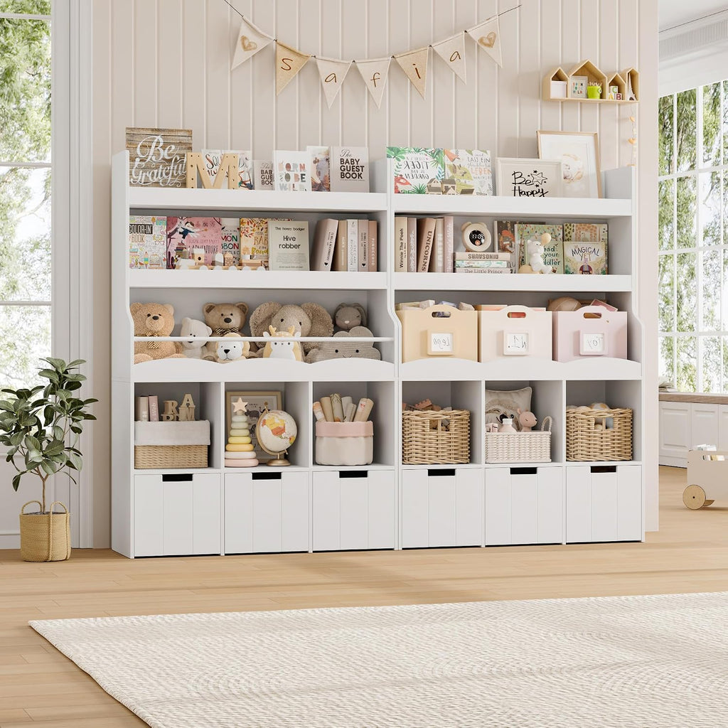 HITHOS 55.3' H Kids Bookshelf with Toy Storage Organizer, Tall Book Shelf with 3 Movable Toy Storage Bins, Large Kids Bookcase with Toy Chest, 39.2' W Modern Toy Box for Kid Room, Playroom, White