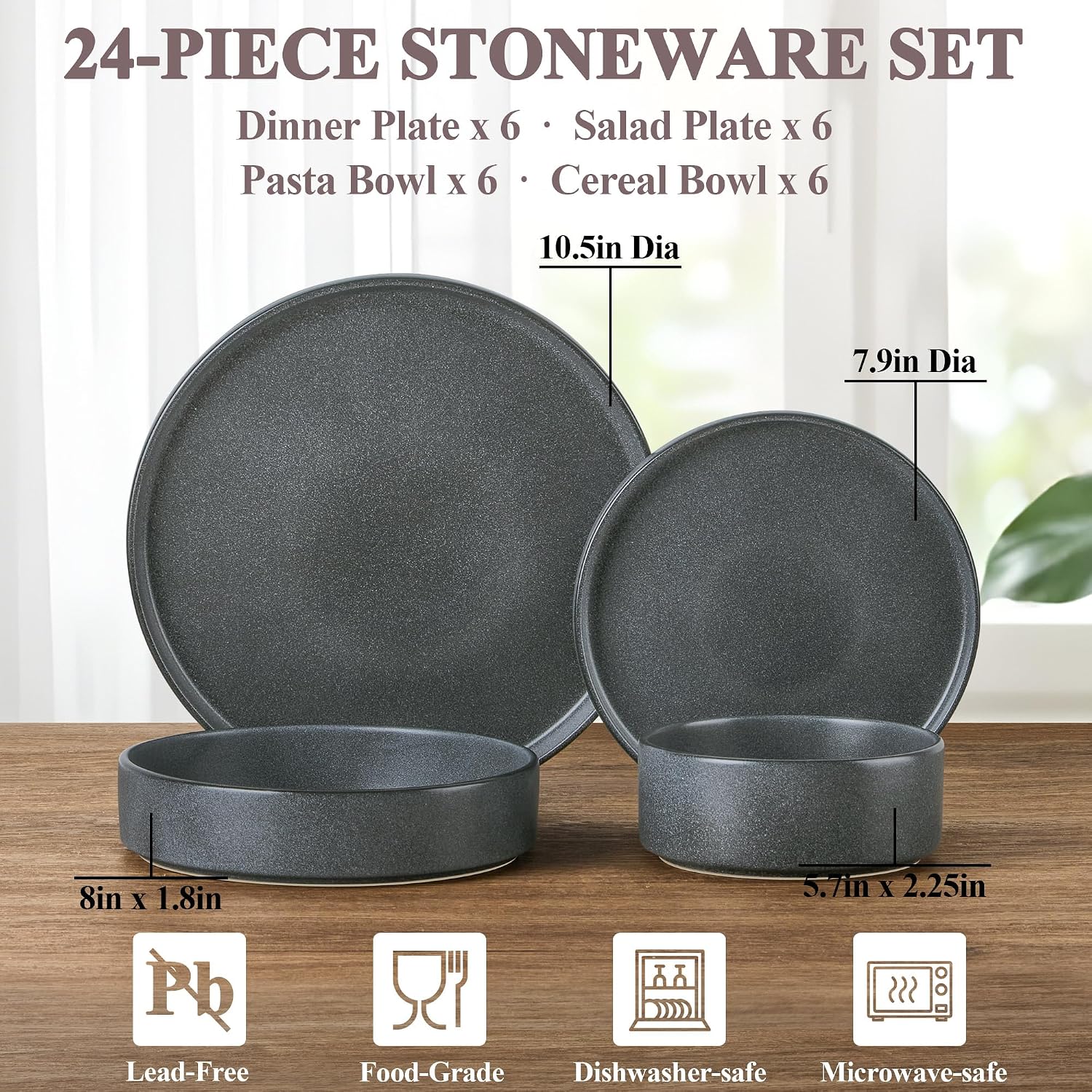 Herogo Dinnerware Dishes Sets with Salad Bowls, 24 Piece Plates and Bowls for 6, Dishwasher & Microwave Safe Ceramic Stoneware for Kitchen, Dark Gray