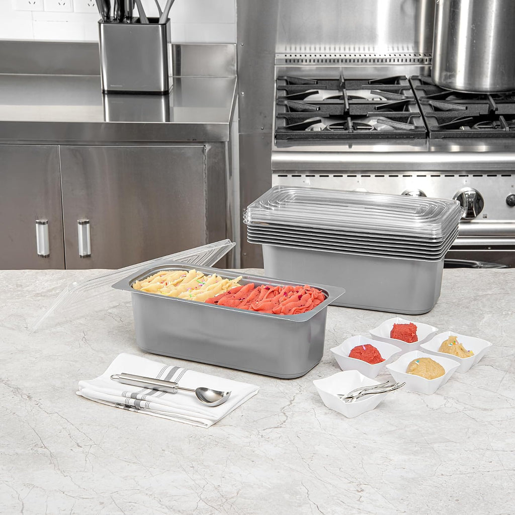Restaurantware 5 Quart Ice Cream Tub, 100 Count, 5.28 Liter Capacity, Plastic Dessert Container, Rectangular Food Storage Box, Stackable Clear Lid, Gray