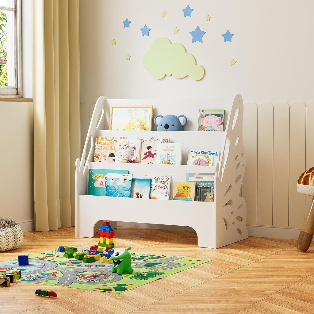 3 Tier Butterfly Kids Bookshelf - Nursery Bookshelf for Storage Organizer, Free Standing Baby Bookcase for Kids Rooms, Children Bookcase for Playing Room, Bedroom, Nursery, Classroom, White.