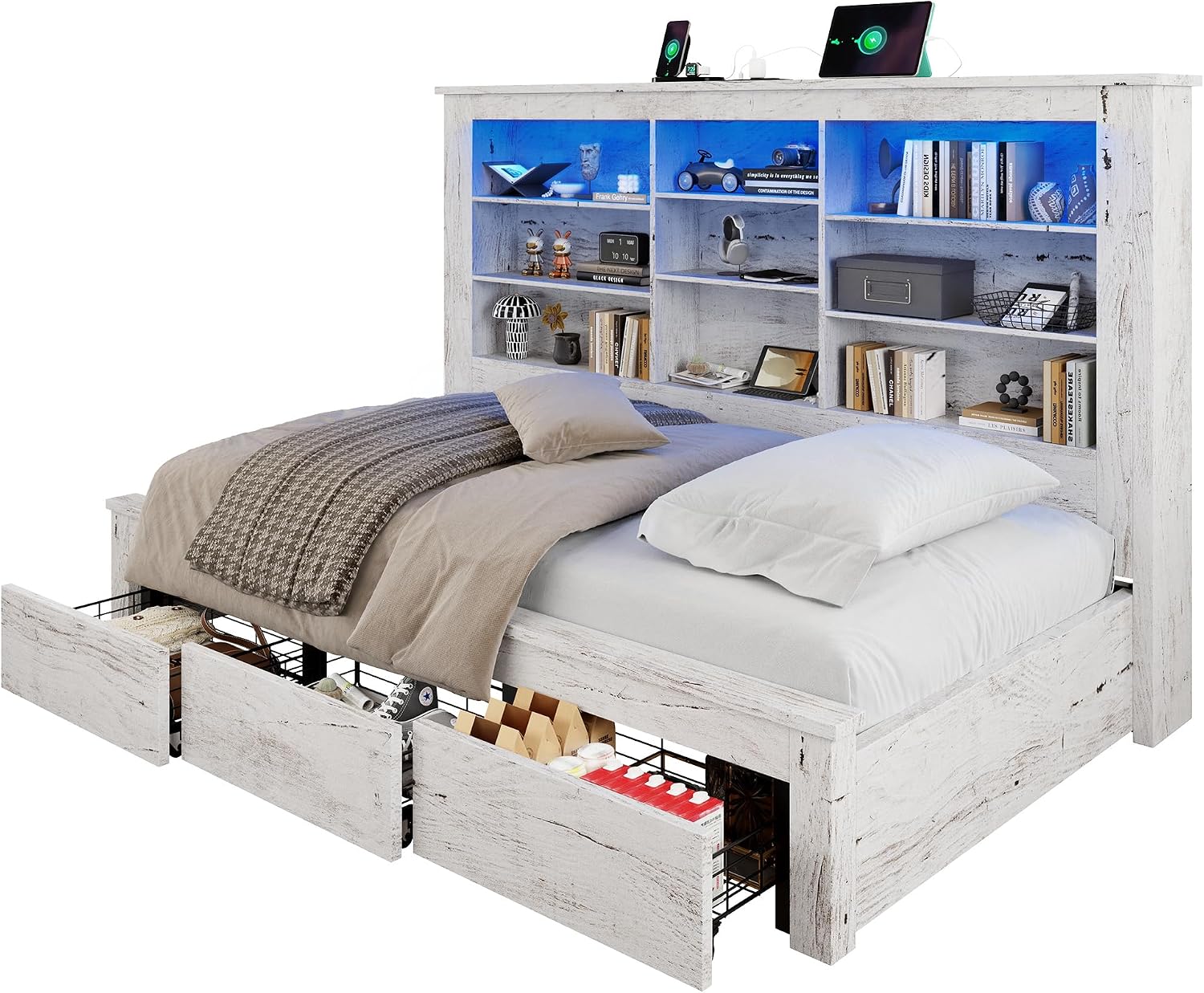 Jocisland Twin Bed Frame with Storage Drawers, Bookcase Headboard, USB Charging, RGB Lights, Farmhouse Wood Daybed No Box Spring Needed, Distressed White | 49' tall shelving