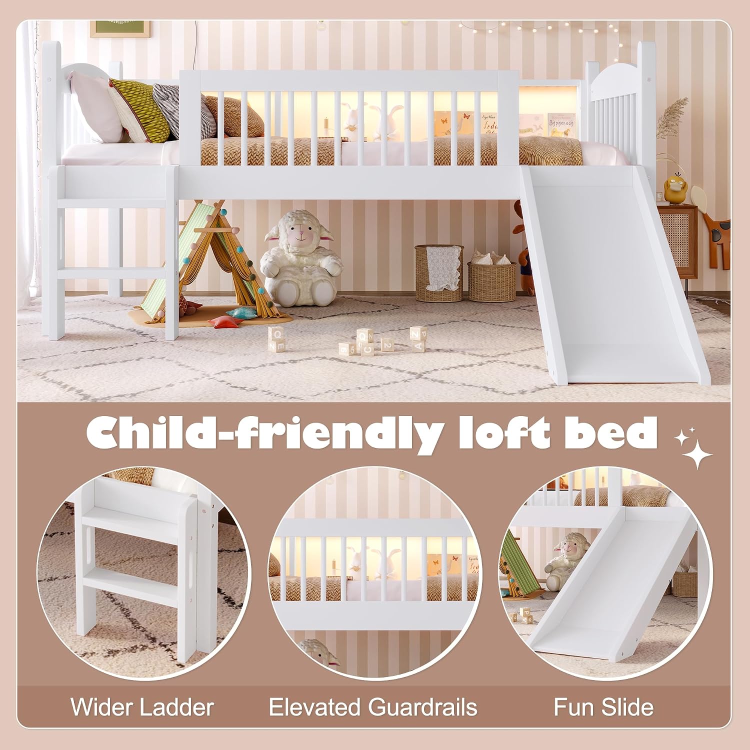 JIVOIT Twin Loft Bed with Storage Shelves, Solid Wood Lower Loft Bed with Full-Length Guardrails, Wood Slats Support, Space-Saving Design, No Box Spring Needed (White,Twin,51)