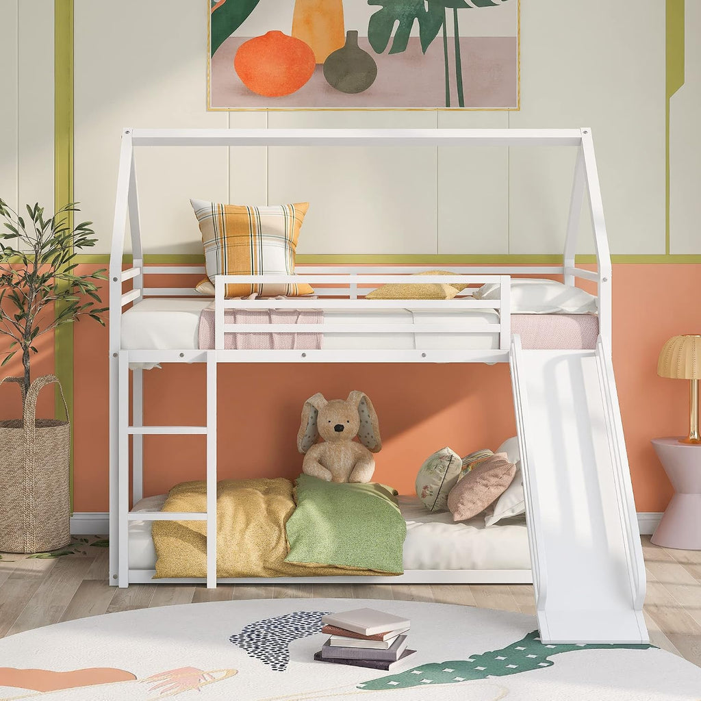 Metal Twin Size House Bed with Roof and Slats Support,Playhouse Design Montessori Floor Bed Frame W/Headboard & Footboard,No Box Spring Needed,for Kids Girls Boys,White