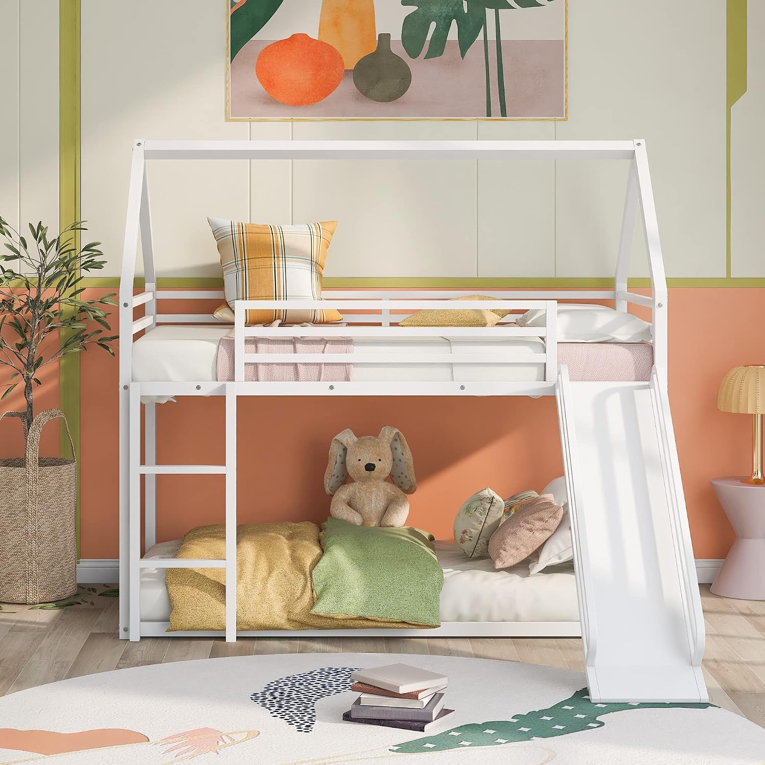 Metal Twin Size House Bed with Roof and Slats Support,Playhouse Design Montessori Floor Bed Frame W/Headboard & Footboard,No Box Spring Needed,for Kids Girls Boys,White