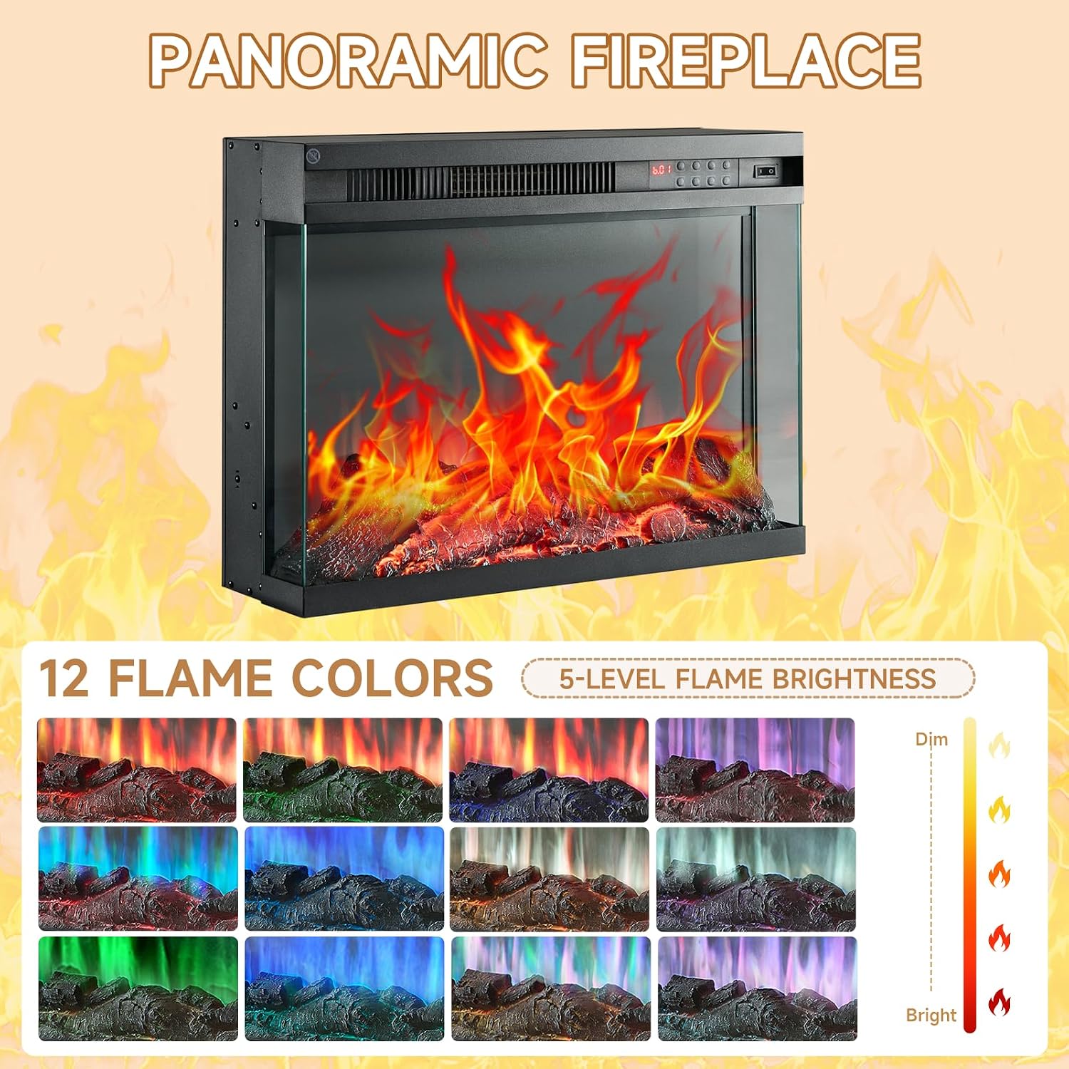ROCKPOINT 3 Sided Glass 59' Fireplace TV Stand for TVs up to 65 Inch, Media Entertainment Center with Glass Door Storage Cabinet, 24' Electric Fireplace with LED Light and Flame Colors, Espresso