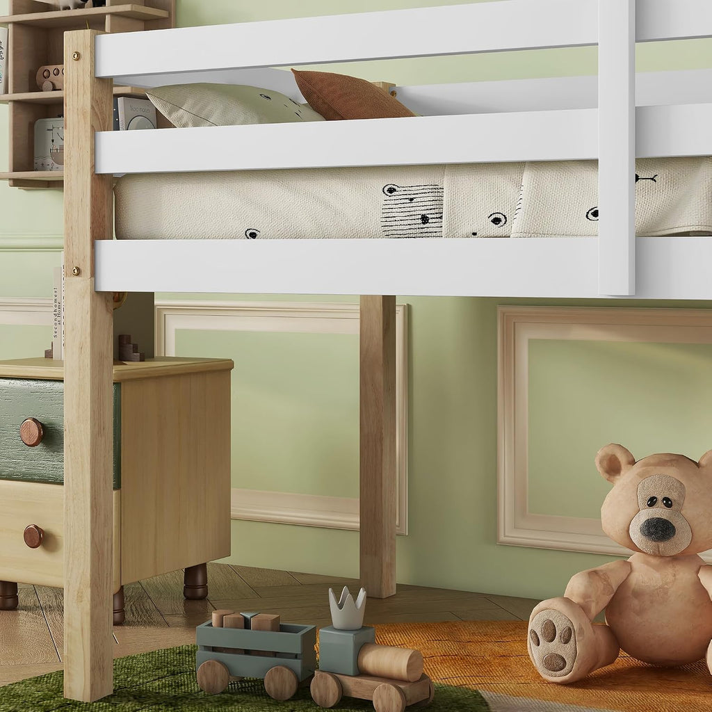 JIVOIT Solid Wooden Twin Loft Bed with Ladder, Rubber Wood Bed Frame with Ladder, Platform of Strengthened Slats, Low Height Design Loft Bed, No Box Spring Needed