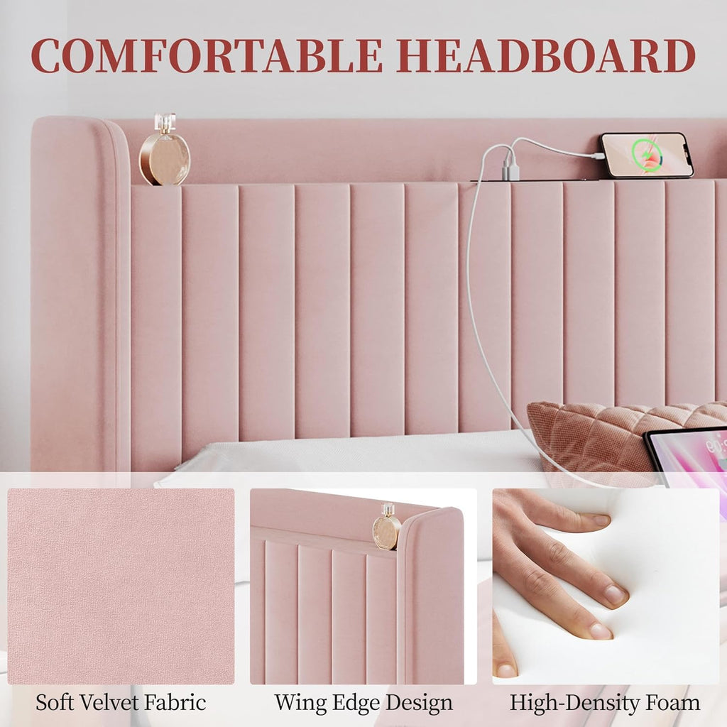 Yaheetech Queen Bed Frame with USB Charging Station and Storage Shelf/Upholstered Headboard Platform Bed with Wing Side/Wooden Slats Support/Noise Free/No Box Spring Needed/Easy Assembly, Pink