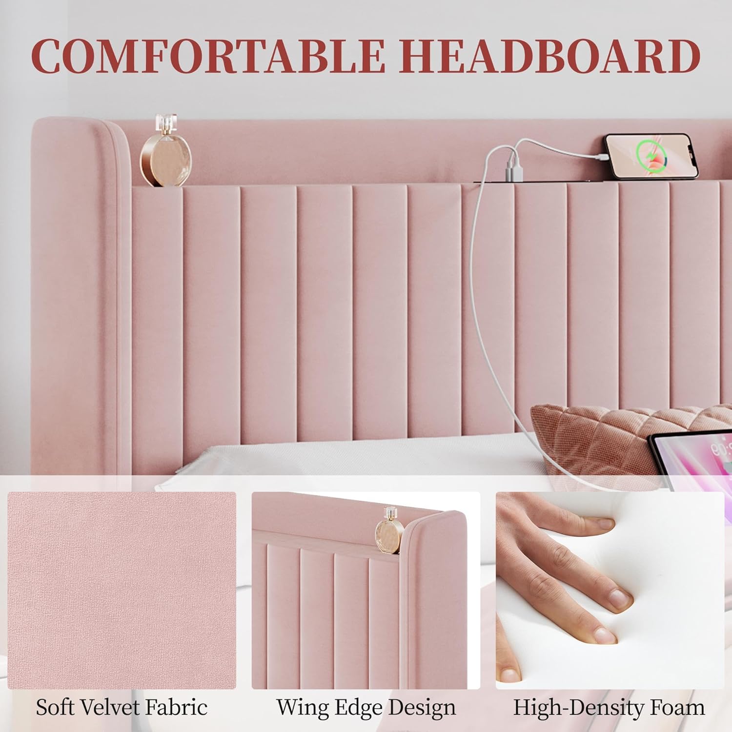 Yaheetech Queen Bed Frame with USB Charging Station and Storage Shelf/Upholstered Headboard Platform Bed with Wing Side/Wooden Slats Support/Noise Free/No Box Spring Needed/Easy Assembly, Pink
