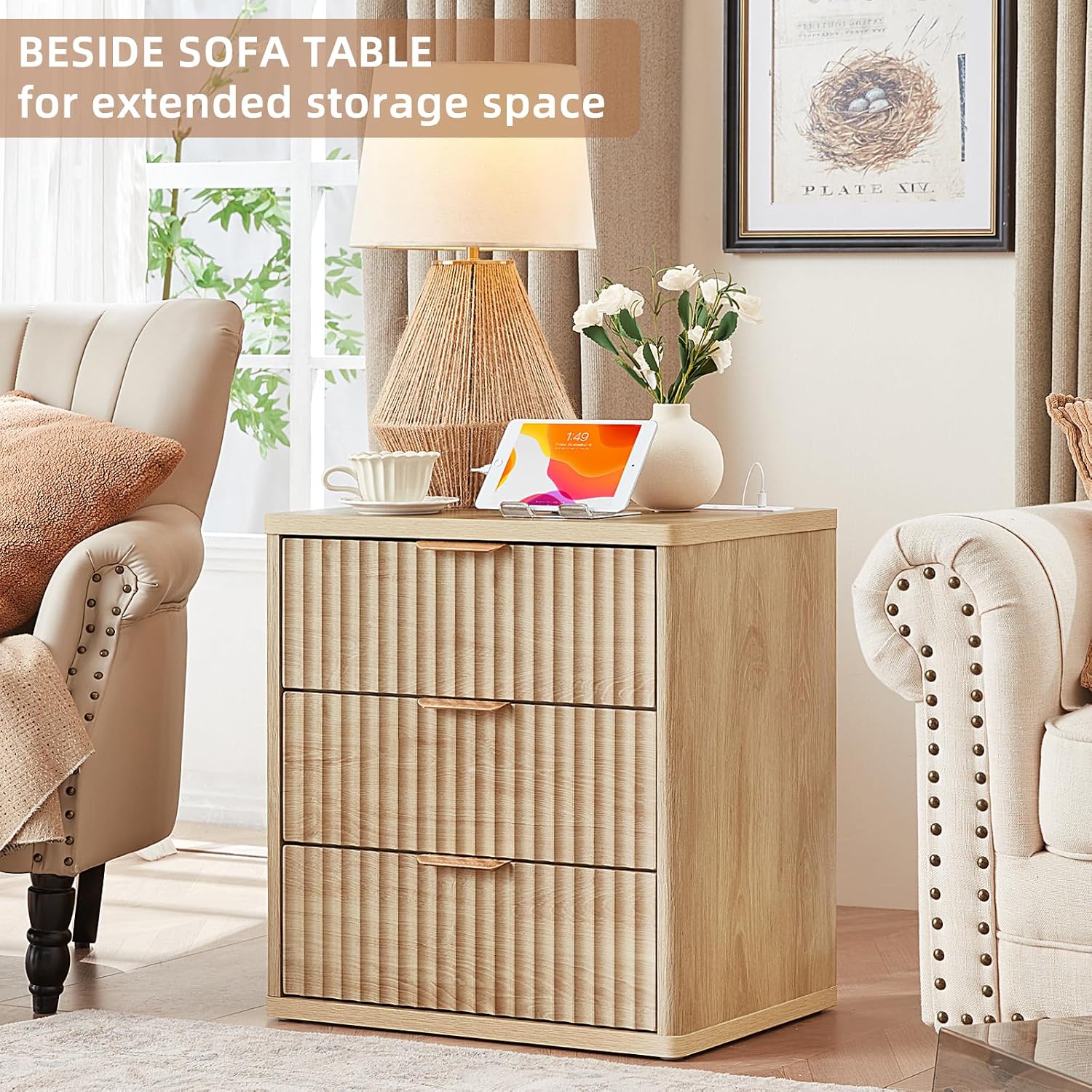LEYAOYAO 23' Wide Fluted Night Stand with Charging Station, 3 Drawers Large End Table with Storage, Natural Nightstand Wood Bedside Tables, Farmhouse Cabinet Dresser for Bedroom, Closet