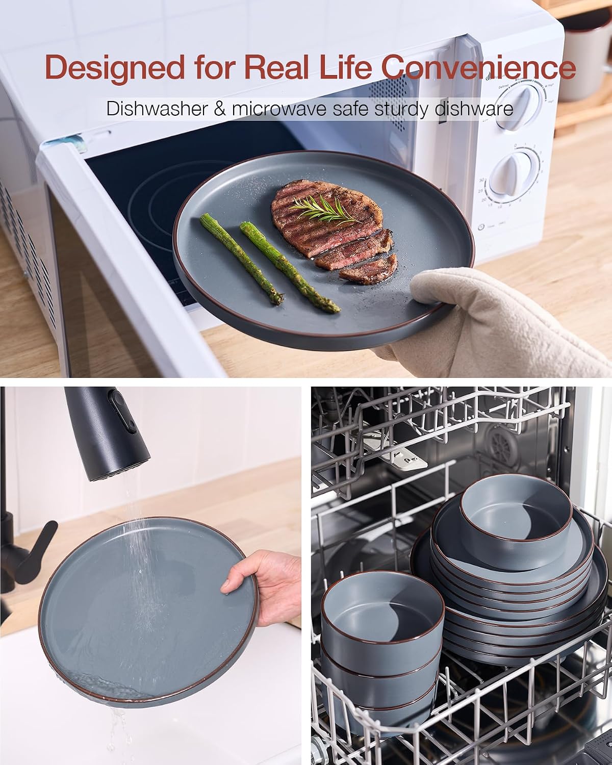Famiware Nebula Ridge Stoneware Dinnerware Sets for 8, 24 Pieces Plates and Bowls Sets, Dishes Set, Microwave and Dishwasher Safe Kitchen Plates, Charcoal