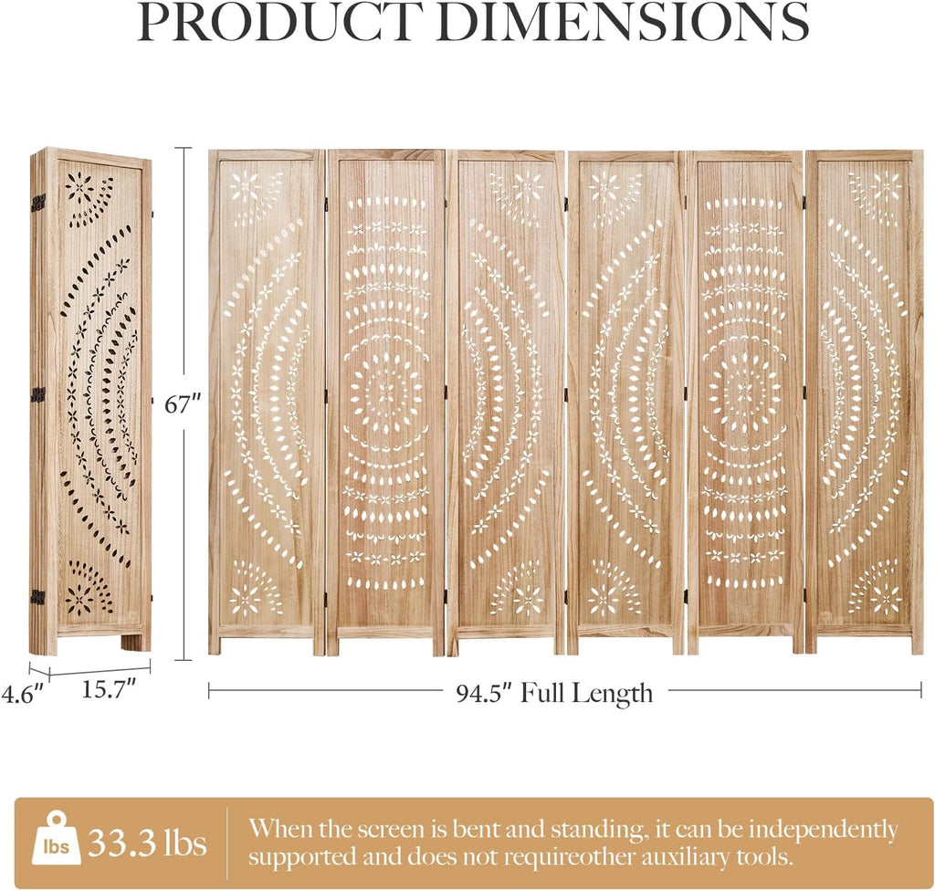 66.9Inch Folding Room Divider, 6 Panels Wood Carved Privacy Screens, Free Assembled Freestanding Partition for Home Office Restaurant Bedroom (Natural)