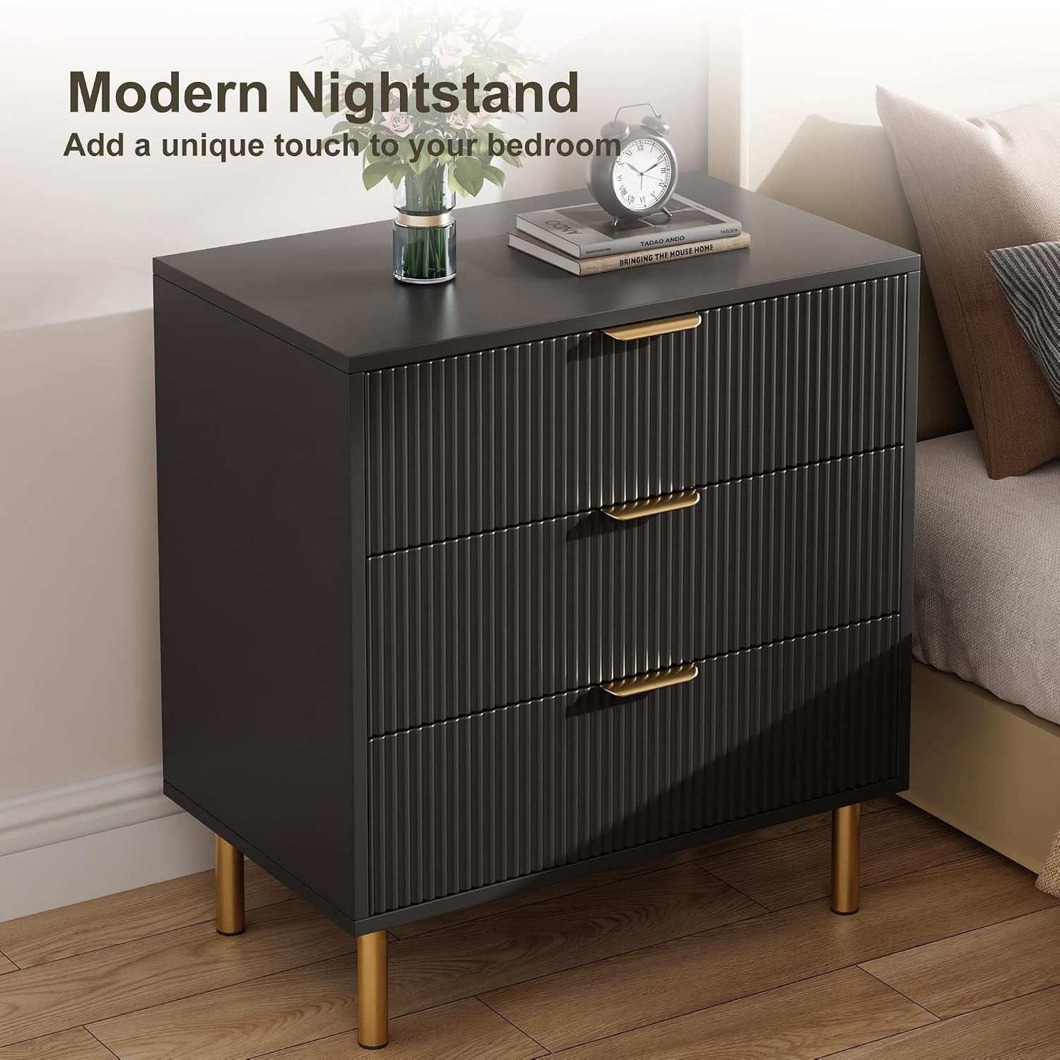 GarveeHome Black Dresser, Modern 3 Drawer Dresser for Bedroom with Gold Handle and Large Drawer, Wood Double Chest of Drawers and Storage Organizer for Living Room, Hallway, Entryway