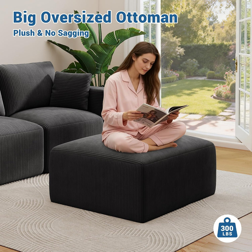 40' Oversized Square Corduroy Ottoman Pouf - Poofy Soft Foot Rest with Foam Chunk Filling, Movable Large Ottoman Pouf Footstool for Living Room Sofa Couch Bedroom, Black(1 Piece)