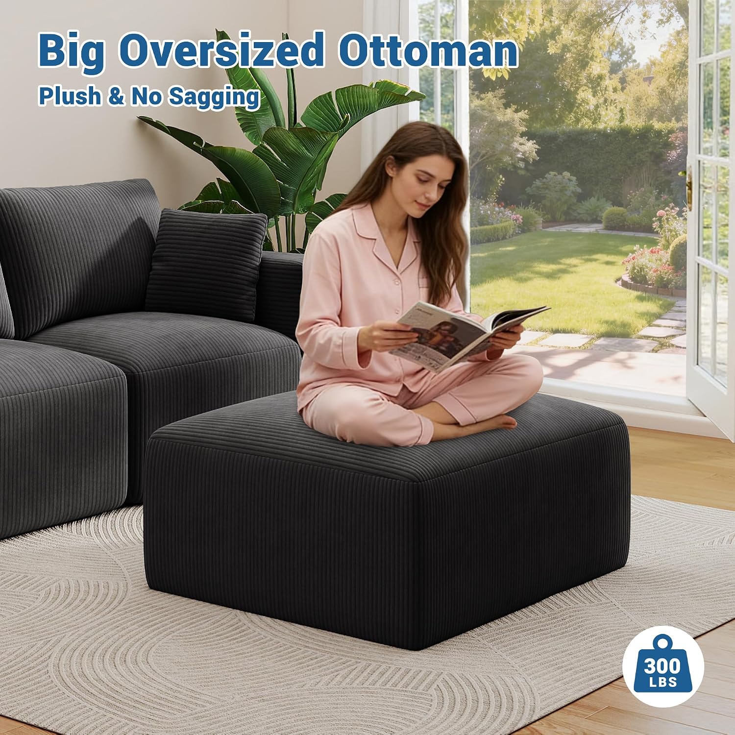 40' Oversized Square Corduroy Ottoman Pouf - Poofy Soft Foot Rest with Foam Chunk Filling, Movable Large Ottoman Pouf Footstool for Living Room Sofa Couch Bedroom, Black(1 Piece)