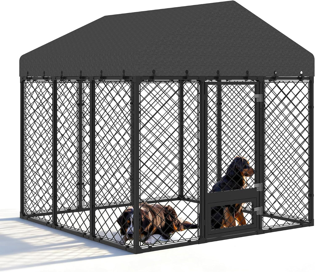 6x6FT Dog Kennel Outdoor with Roof - Heavy Duty Metal Fence Playpen for Large Dogs, Weatherproof Enclosure with Double Lock Gate & Feeding Swivel Door