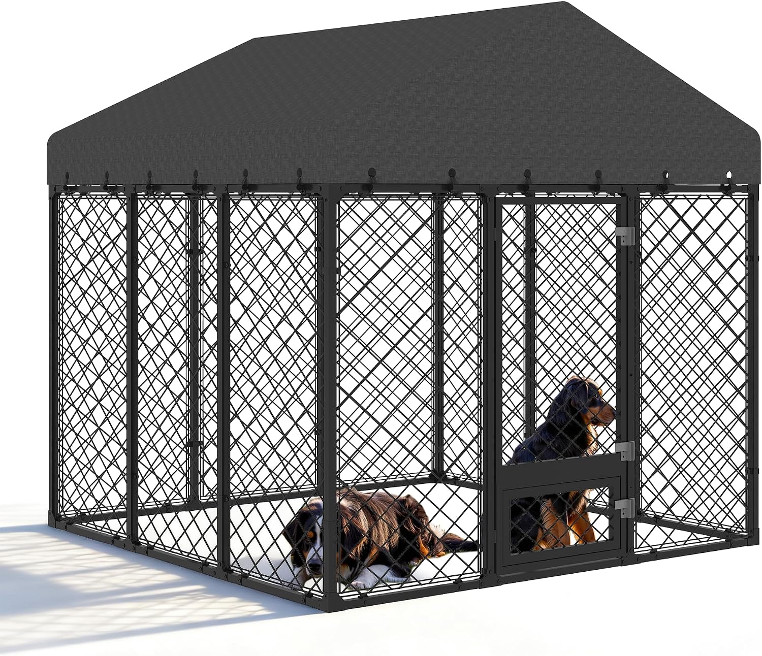6x6FT Dog Kennel Outdoor with Roof - Heavy Duty Metal Fence Playpen for Large Dogs, Weatherproof Enclosure with Double Lock Gate & Feeding Swivel Door