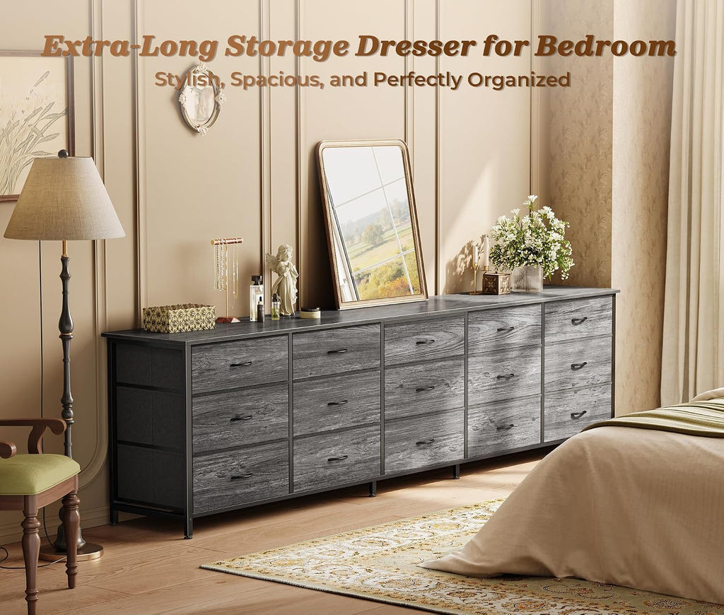 Huuger 78.7 inch Long Dresser for Bedroom, 15 Drawer Fabric Dresser for Closet, Large TV Stand for 65, 75, 85 inch TV, Wide Chest of Drawer with Storage, 78.7' W x 12.9' D x 26.7' H, Grey