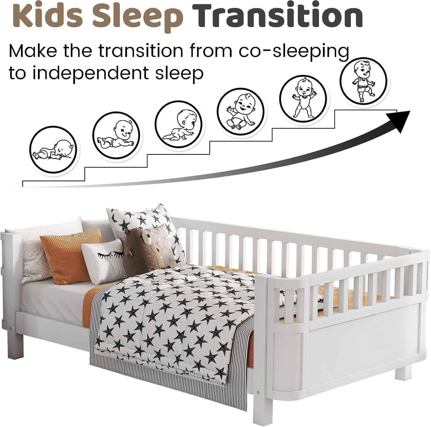 Twin Size Kids Bed with Rails, Wood Twin Montessori Bed Frame with Slats Support, Low to Ground Modern Baby Daybed with Detachable Side Bed Rails for Boys Girls Bedroom, White
