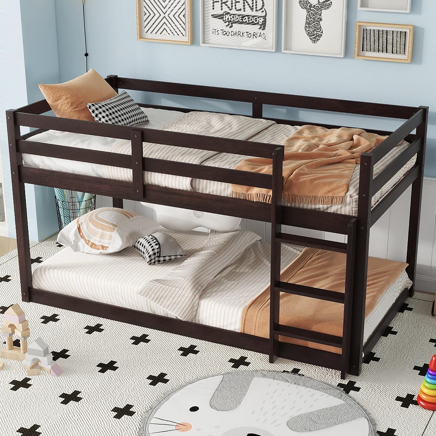 Twin Low Bunk Bed for Kids, Floor Bunk Beds Twin Over Twin with Integrated Ladder & Full Guardrails, Wood Bunked with Strengthened Slats for Boys, Girls, Bedroom, No Box Spring Needed, Espresso