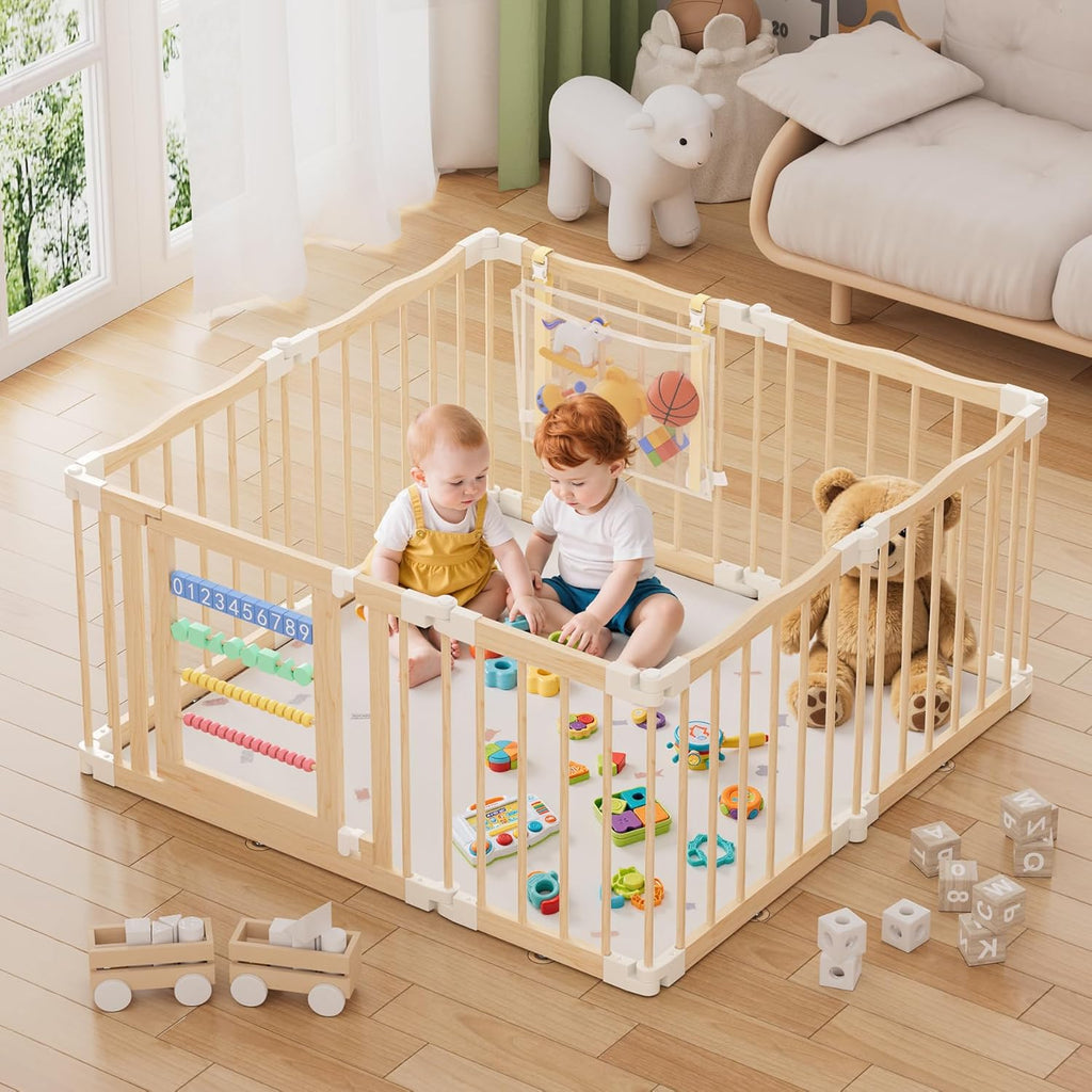 Wooden Baby Playpen 50 × 50 Inches, Foldable Playpen Fence with Cute Digital Blocks & Storage Bag, Wooden Baby Gate, Multi-Shape Play Yard for Babies and Toddlers Indoor Outdoor