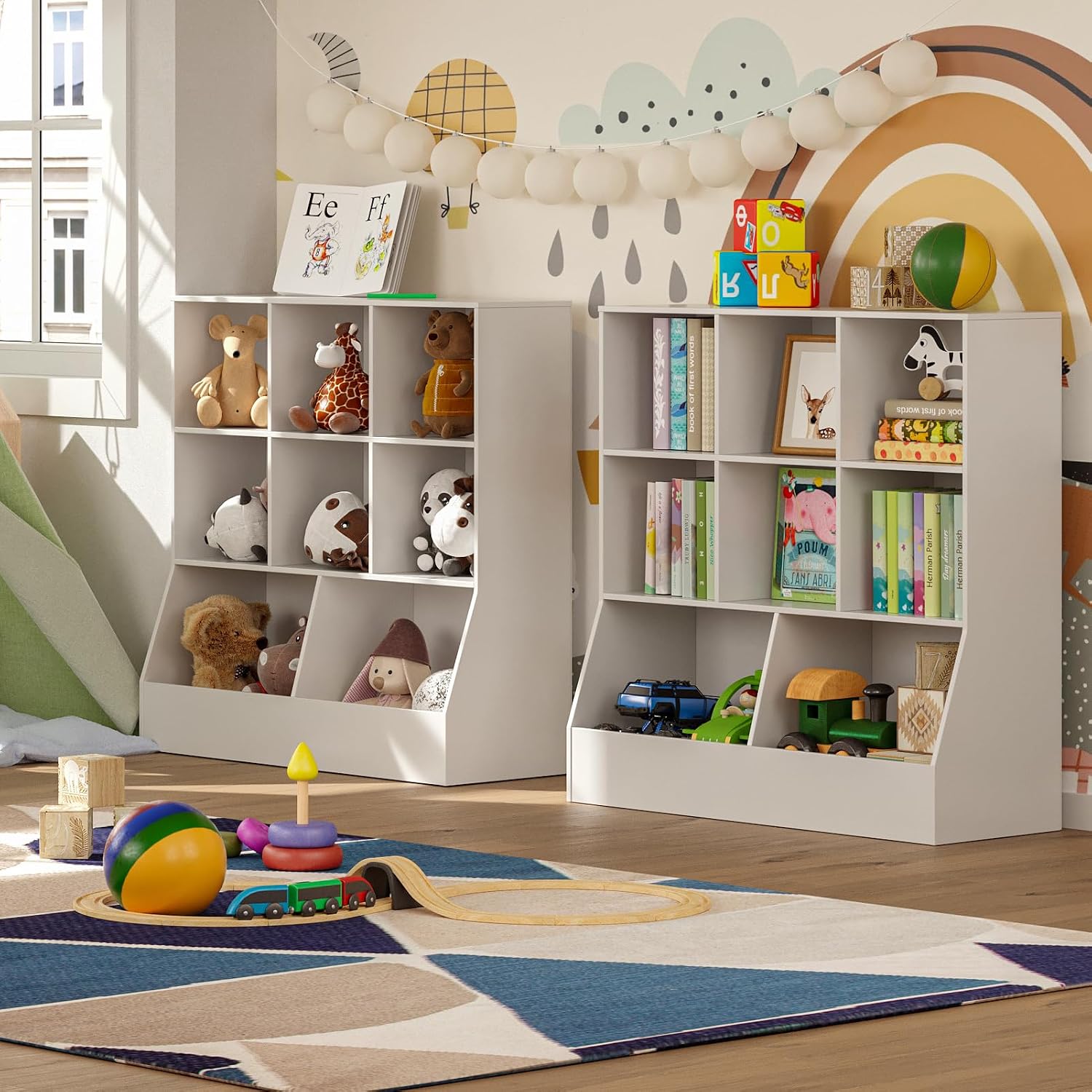 DINZI LVJ Toy Storage Organizer, Kids Bookshelf, Wood Toy Storage Cabinet, 3-Tier 8 Cubby Children Bookcase, 35.4' L Toddler Book Shelf for Playroom, Living Room, Nursery, Hallway, Classroom, White