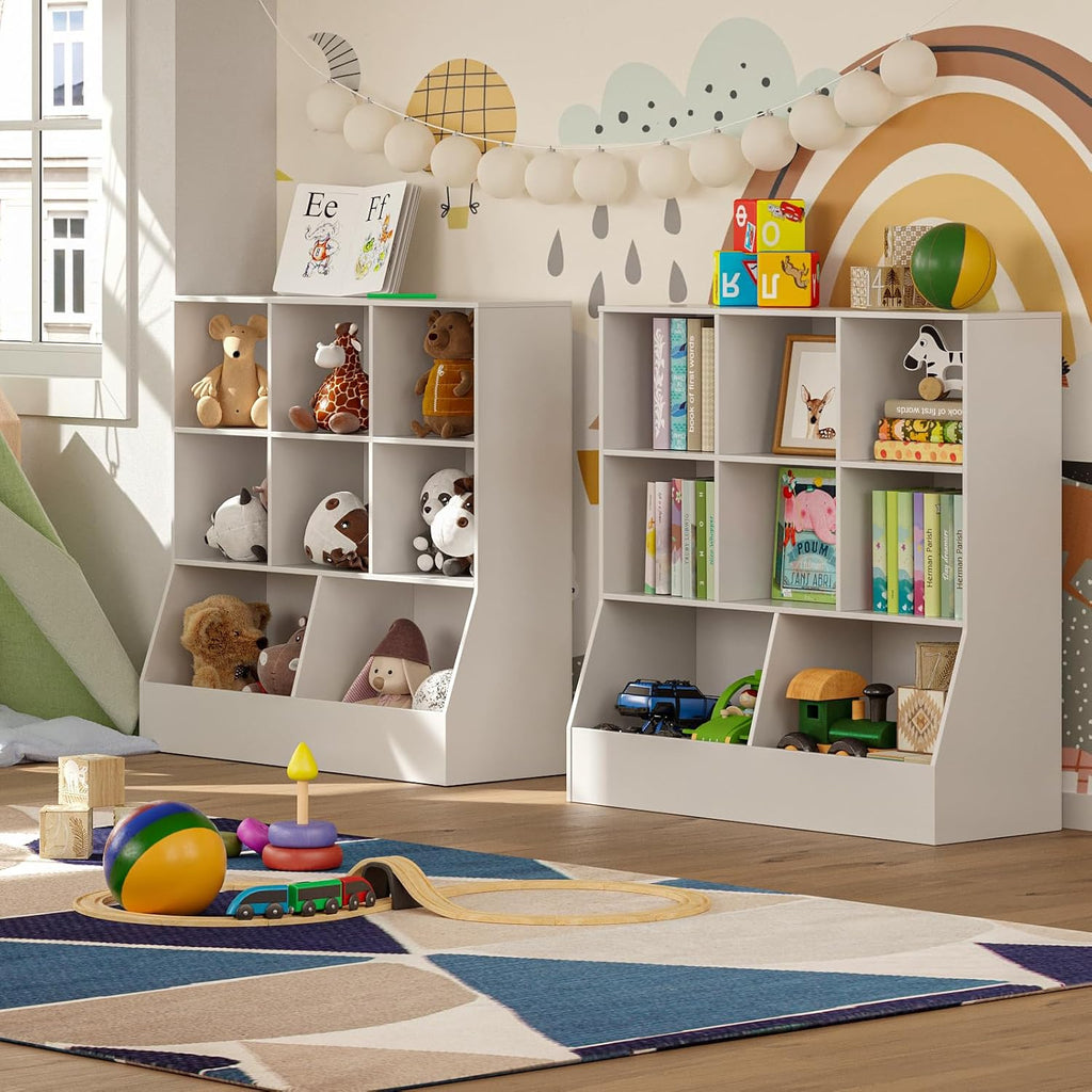 DINZI LVJ Toy Storage Organizer, Kids Bookshelf, Wood Toy Storage Cabinet, 3-Tier 8 Cubby Children Bookcase, 39.4' L Toddler Book Shelf for Playroom, Living Room, Nursery, Hallway, Classroom, White