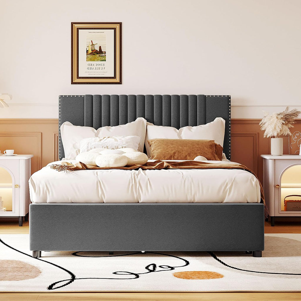 Merax Full Size Upholstered Platform Bed with 1 Twin Size Trundle and 2 Drawers,Soft Classic Headboard Design,Grey