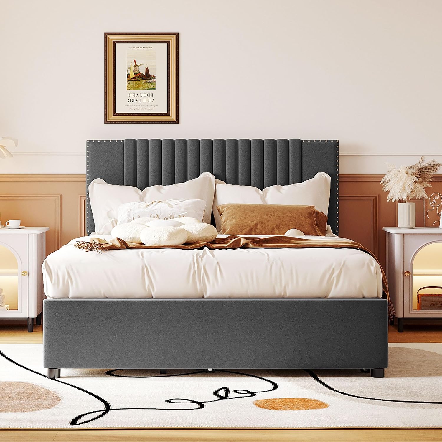 Merax Full Size Upholstered Platform Bed with 1 Twin Size Trundle and 2 Drawers,Soft Classic Headboard Design,Grey