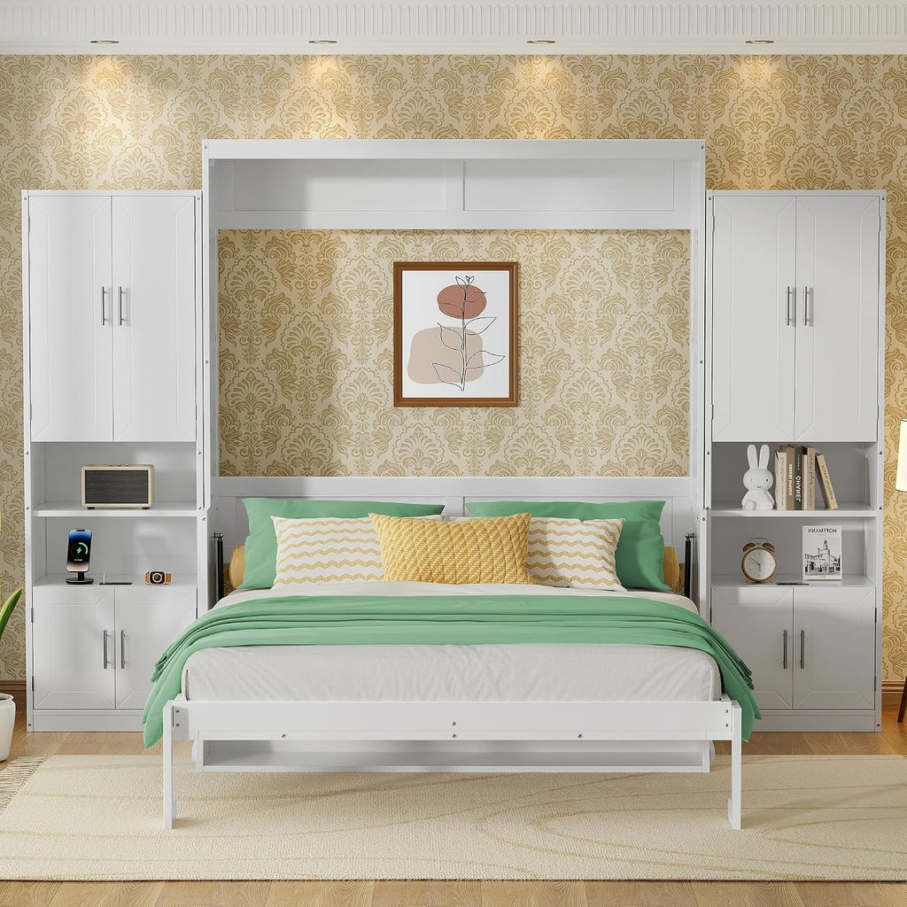 PVWIIK Queen Size Murphy Bed with Storage Drawers & Desk,Wall Bed Frame Folding into Cabinet Design w/Charging Station & Storage Shelf for Small Space,Bedroom,Guest Room,White