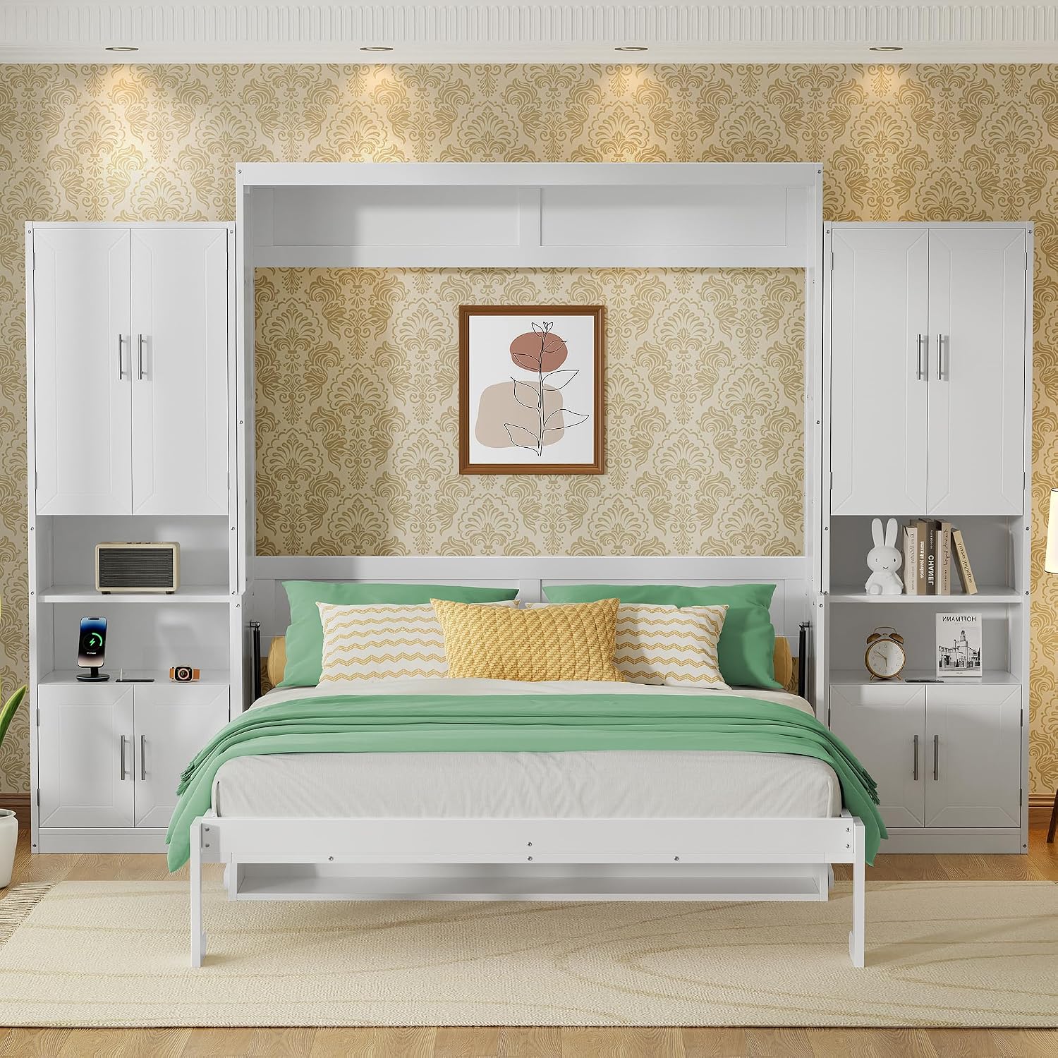 PVWIIK Queen Size Murphy Bed with Storage Drawers & Desk,Wall Bed Frame Folding into Cabinet Design w/Charging Station & Storage Shelf for Small Space,Bedroom,Guest Room,White