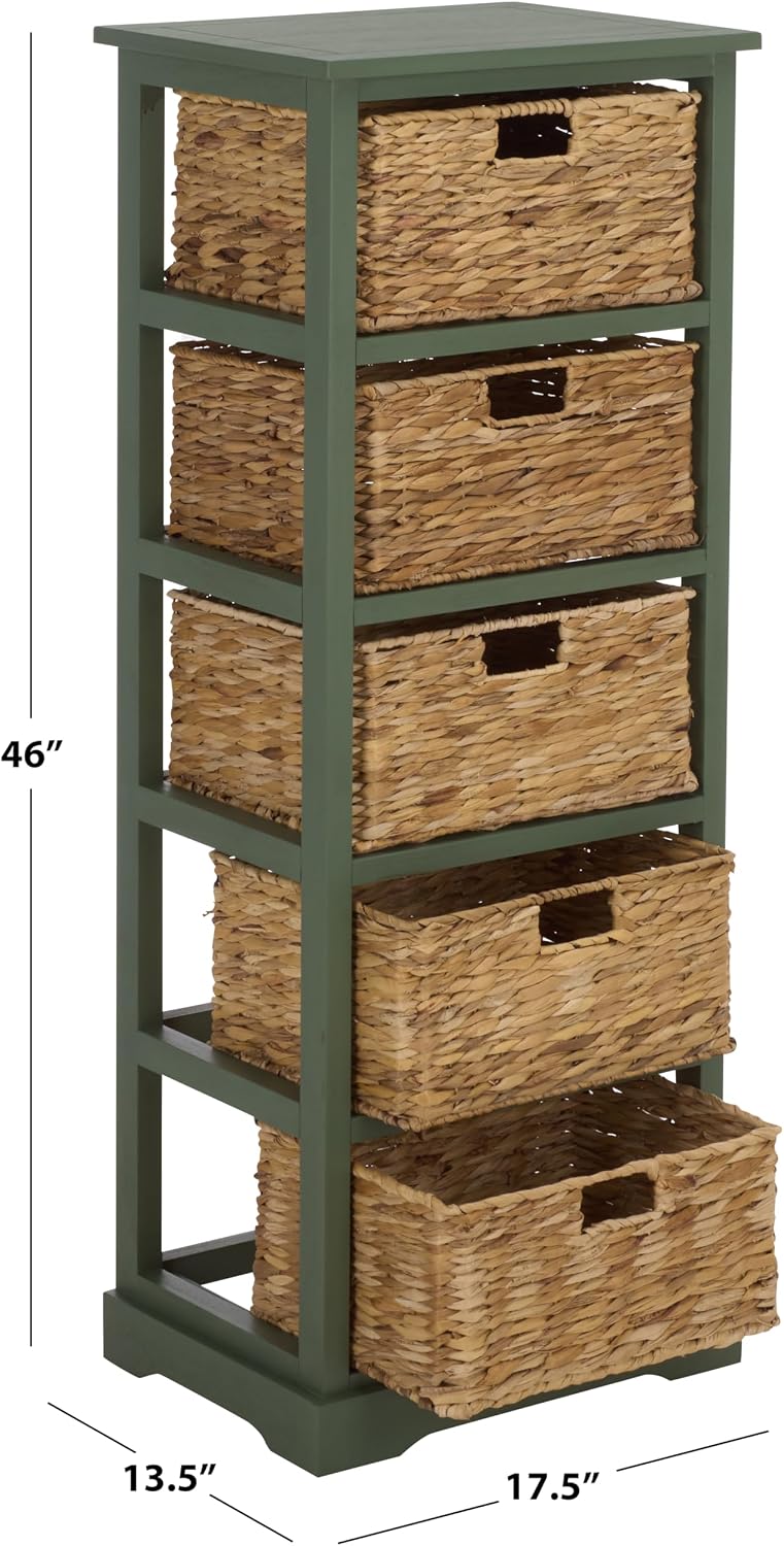 SAFAVIEH Furniture - Vedette 5-Basket Storage Tower - Dusty Green - Solid Wood - Coastal Basket Tower Design - Ideal for Entryway, Living Room, 17.5' W x 13.5' D x 46' H - Fully Assembled (AMH5739J)
