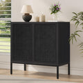 Yechen Full Black Sideboard Buffet Cabinet with Painted Natural Rattan Doors, Boho Rattan Cabinet, Accent Credenza Liquor Cabinet, for Living Room Entryway Kitchen, Metal Legs