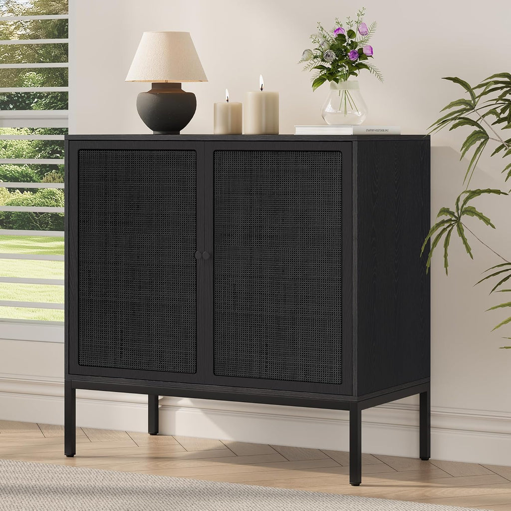 Yechen Full Black Rattan Cabient, Boho Sideboard Cabinet with Natural Rattan Decorated Doors, 31.5' W Accent Cane Credenza Buffet Console Storage, for Living Room Entryway Kitchen, Metal Legs/Set of 3